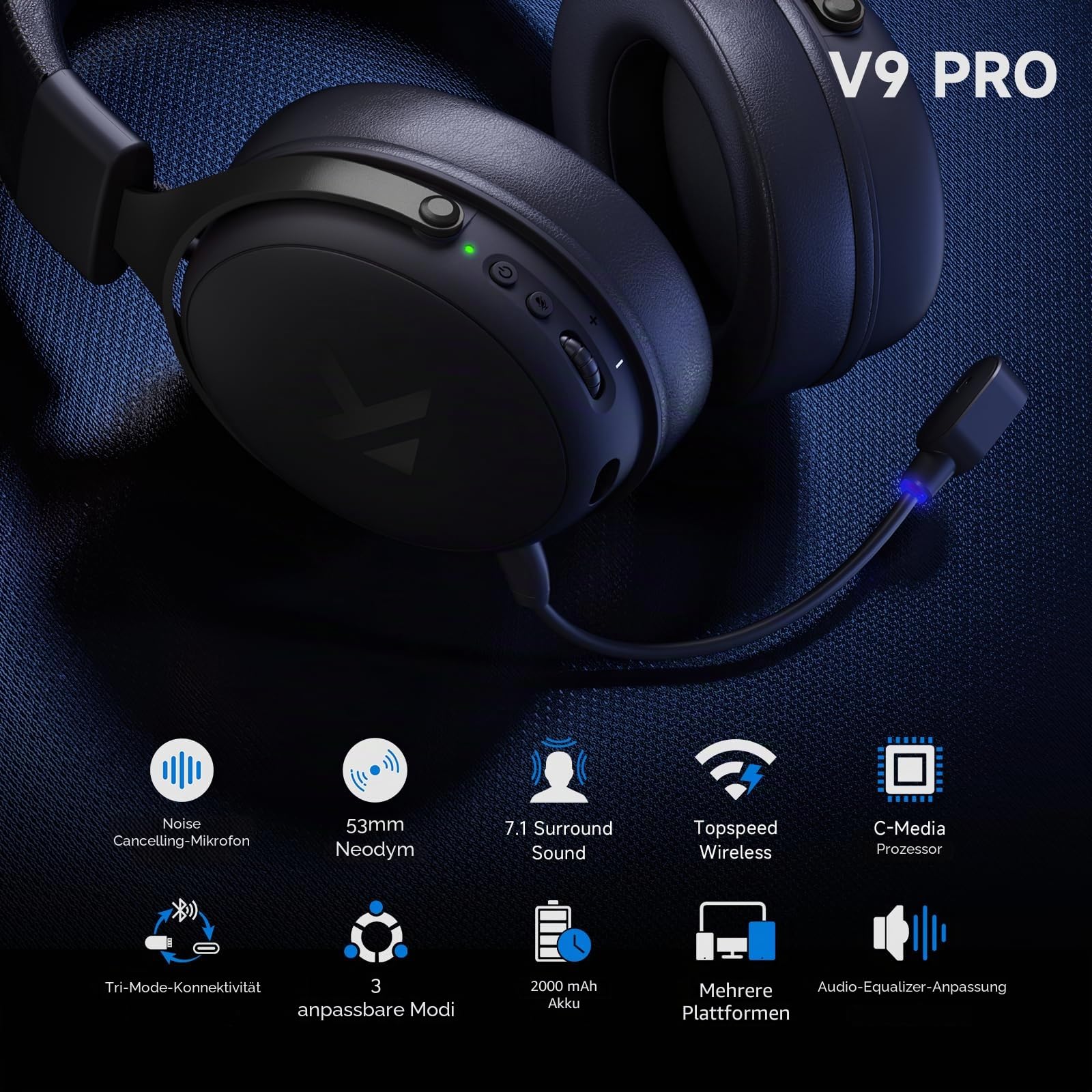 MCHOSE V9 Pro Kabelloses Gaming-Headset, 7.1 Surround-Sound | 53-mm-Neodym-Treiber, bis zu 40 m Reichweite, 15 ms niedrige Latenz, anpassbarer EQ, PC, PS5, Switch