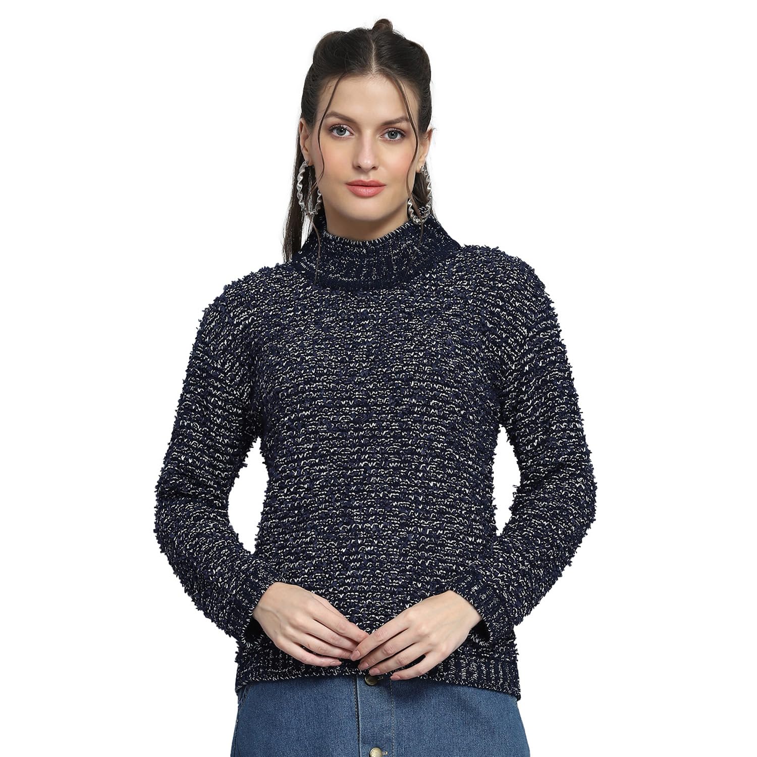 Womens Self Design Navy Blue Mock Neck Full Sleeve Top_1243738TP-1-34