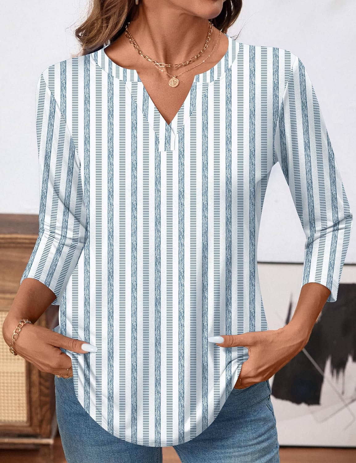 LOMON Womens 3/4 Length Sleeve Tops V Neck Business Casual Blouses Summer Tees Shirts 2026 - Image 3