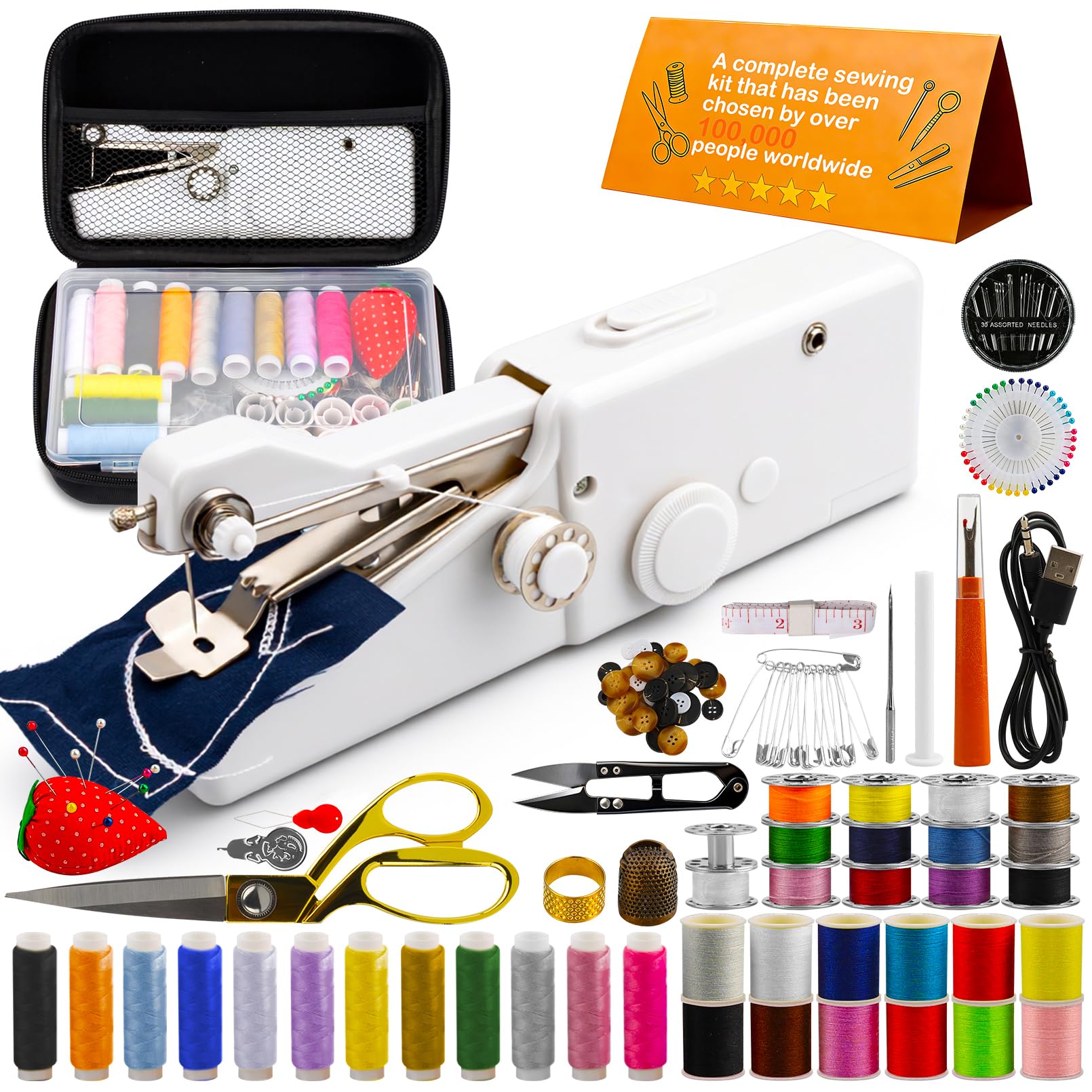 Máquina de coser de mano – Mini máquina de coser eléctrica portátil de 125 piezas | Kit de costura inalámbrico para principiantes, ideal para vaqueros y cortinas