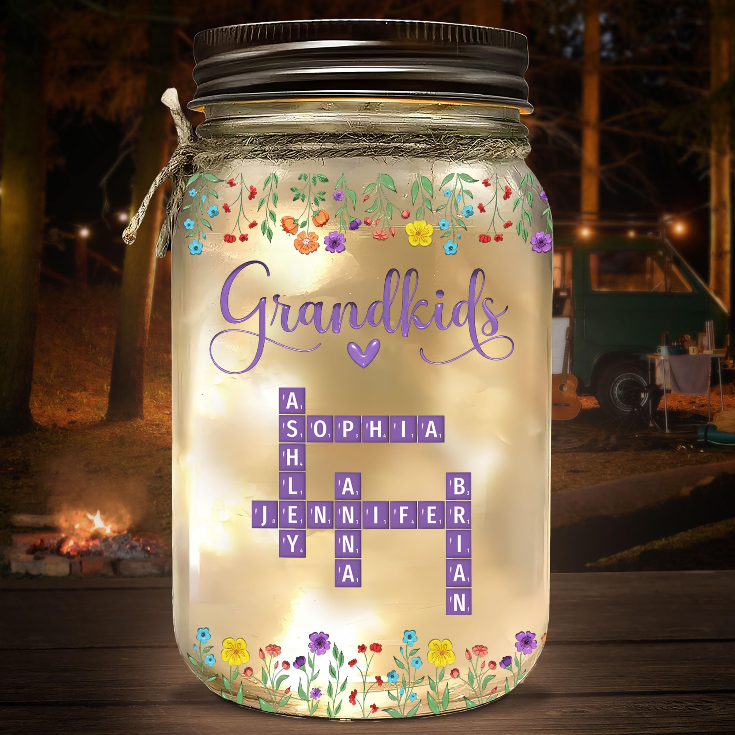 Wrappiness Grandkids Mason Jar Light - Love My Grandkids Crossword Personalized Glass Jar Light | Gifts for Grandma Grandpa on Mothers Day Fathers Day | Custom Names Grandchildren Puzzle Art (A05)