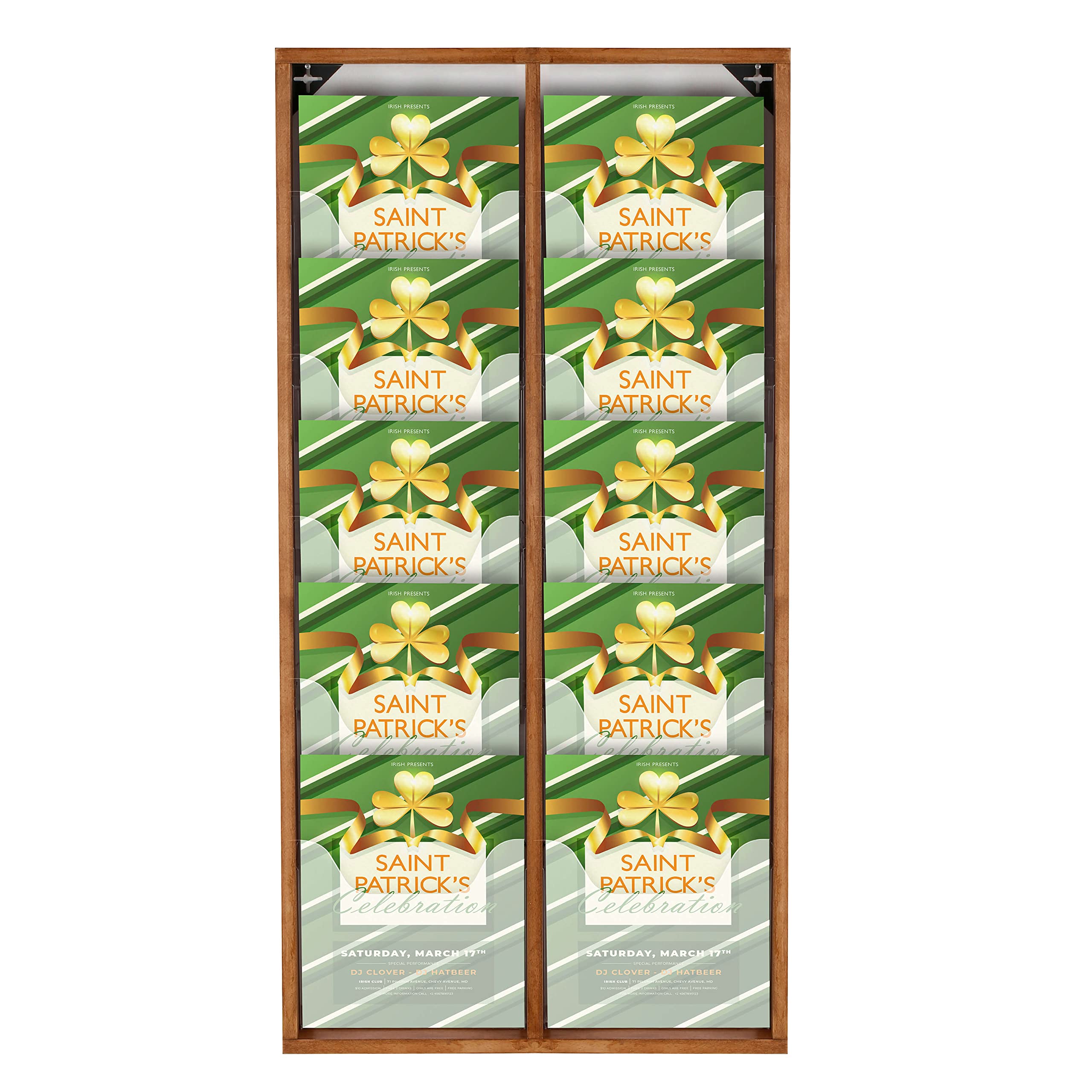 M&T Displays Wal Mount Dark Wood Magazine Brochure Rack Wooden Leaflet Literature Catalog Holder Easy Assembly Durable Clear PET G Pocket 10x(8.5x11) Inch for School Office Hospital Hotel Indoor