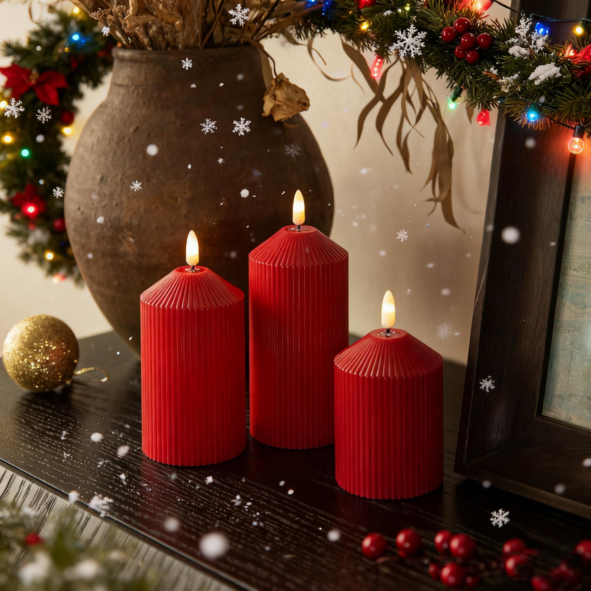 LUSHARBOR Candele senza fiamma con telecomando, a batteria, in vera cera, a LED, con timer, fiamma tremolante, per matrimoni, feste in casa, set da 3, colore: rosso
