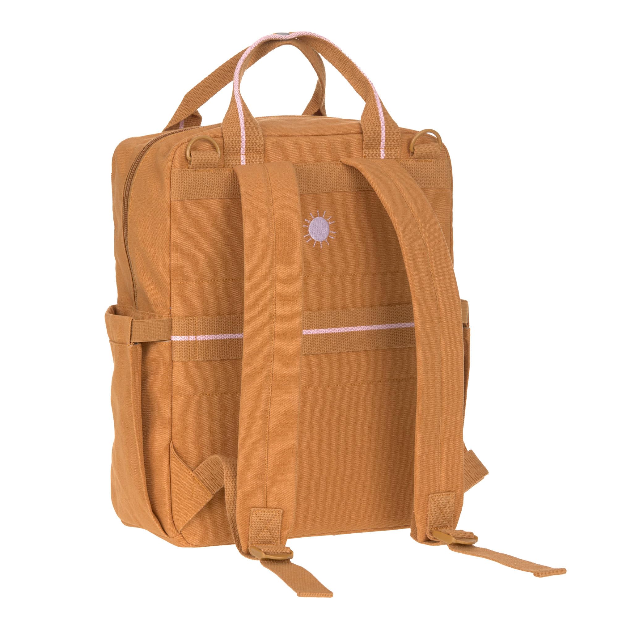 LÄSSIG Plecak do przewijania dla niemowląt, torba do przewijania z podkładką do przewijania i mocowaniem do wózka dziecięcego, wodoodporny, Little One & Me Square Backpack Big Caramel