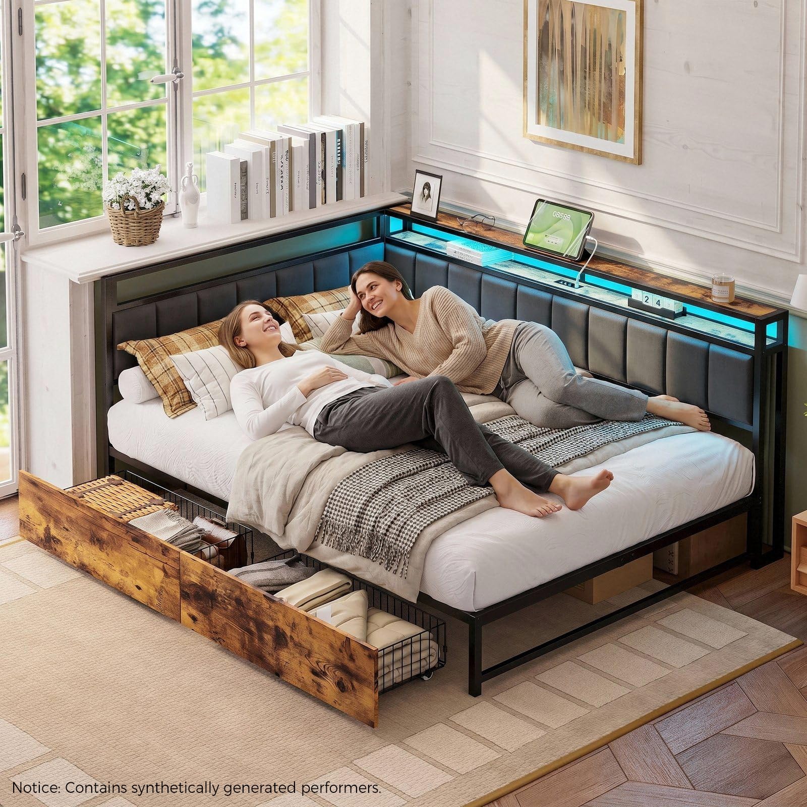 Detailed diagram of the LIKIMIO Full Size Corner Bed Frame with all dimensions labeled, including length, width, height, and drawer dimensions.