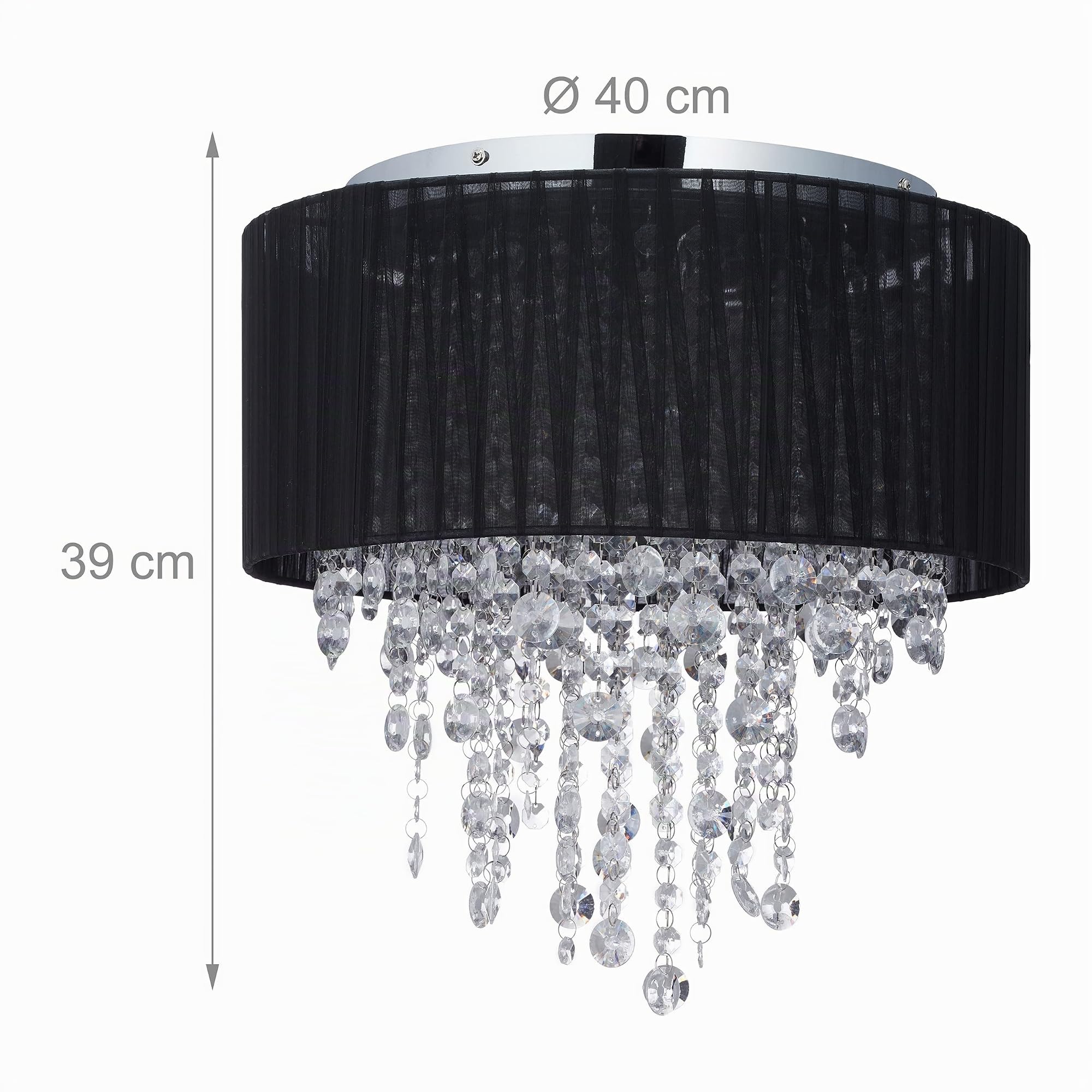 Relaxdays Deckenlampe Kristall, Lampenschirm aus Organza, G9-Fassung, 5-flammige Deckenleuchte, 39x40cm, schwarz/silber