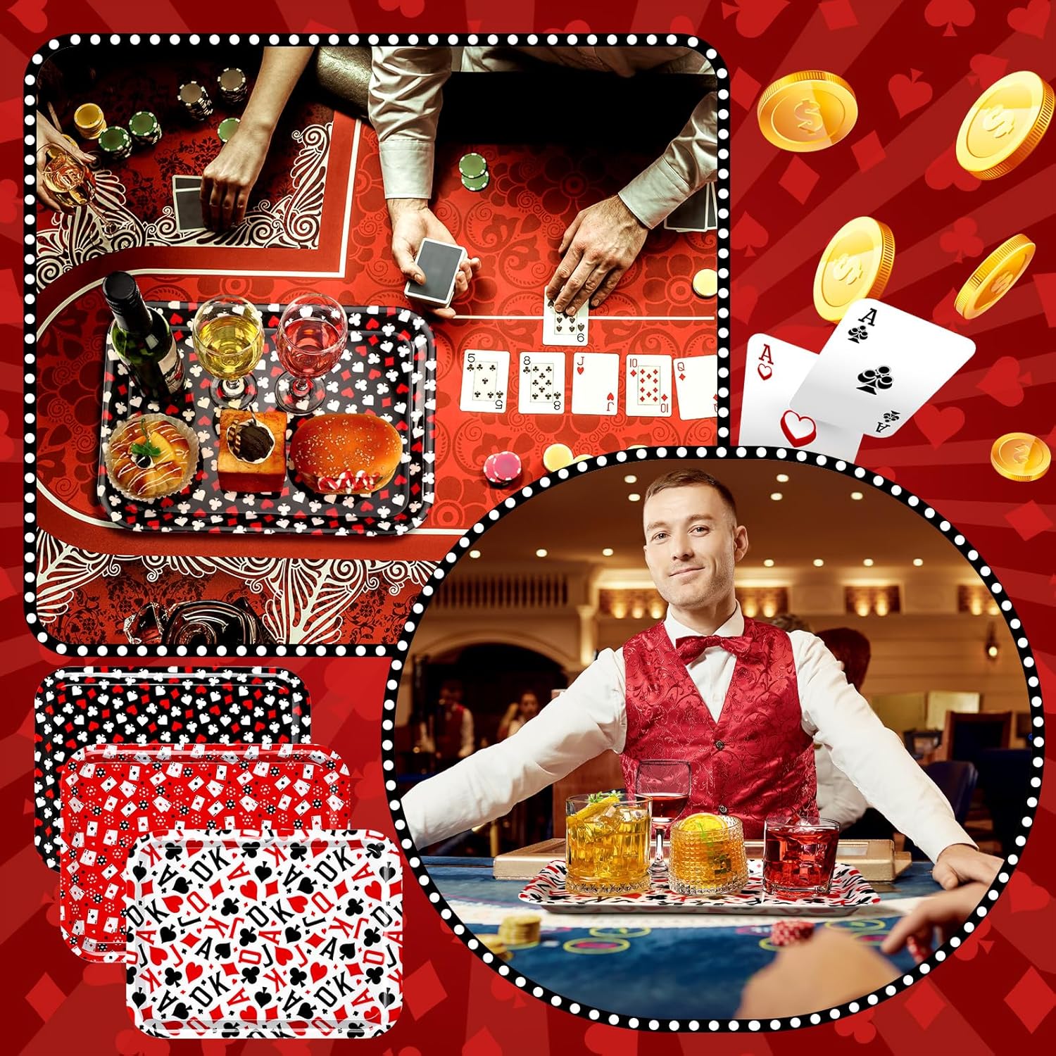 Rtteri 3 Pcs Casino Serving Tray 13 x 10 Inch Poker Serving Platter Rectangle Playing Card Dinner Plates Reusable Las Vegas Poker Food Tray for Playing Card Party Decoration Supplies