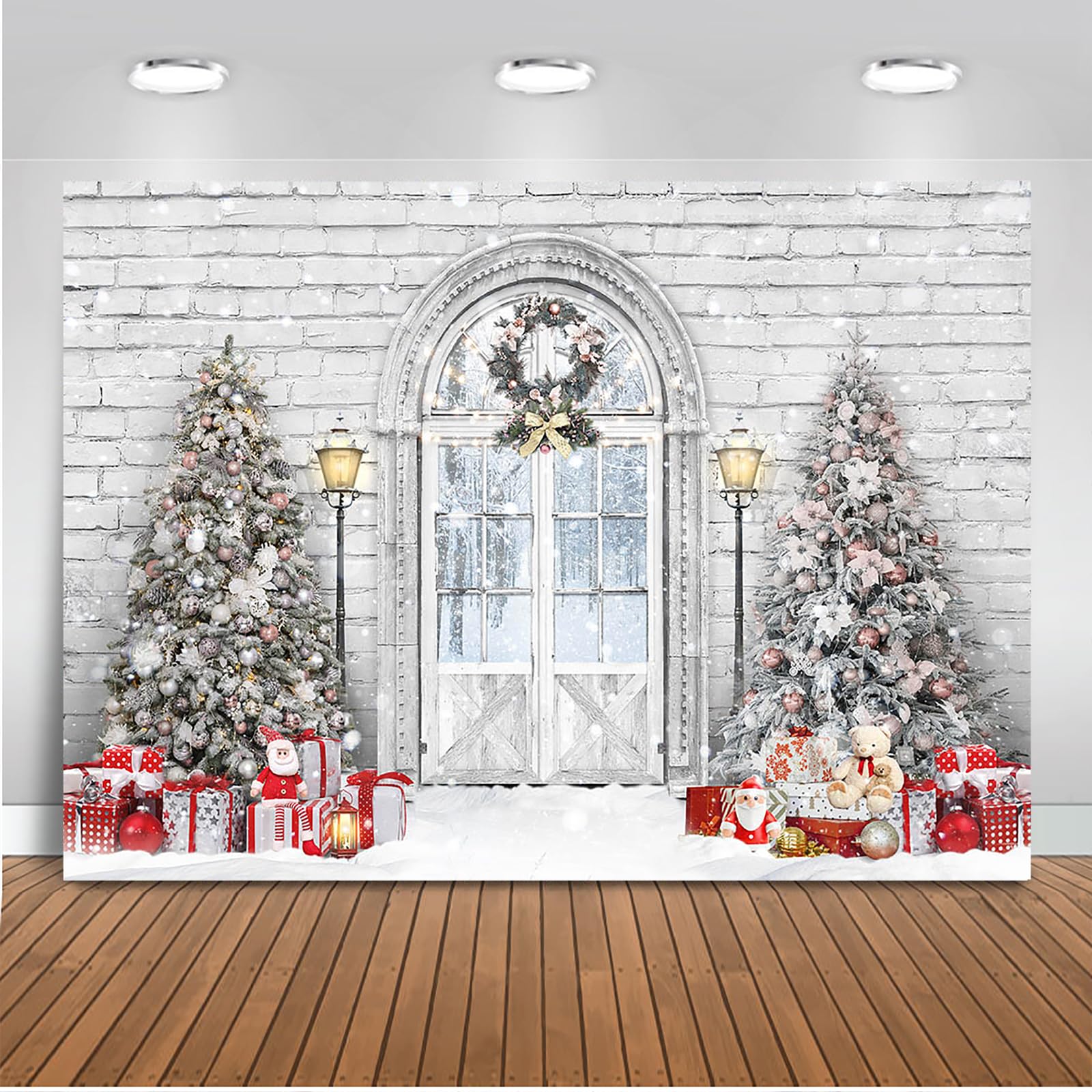 Mocsicka Winter Photography Backdrop Glitter White Christmas Xmas Holiday Photobooth Backdrop Brick Wall Snowy Pine Portrait Studio Booth Photobooth