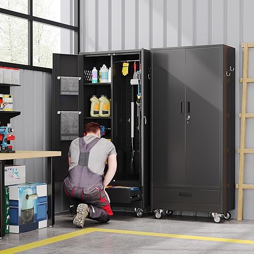 Miniatura 18 de Armario de almacenamiento de garaje con ruedas, gabinete de herramientas de metal de 35.43 pulgadas de alto con tablero de clavijas y 4 ganchos