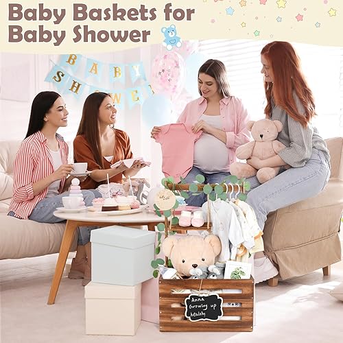 Miniatura 4 de Armario de madera para baby shower con asa y guirnalda, cestas de bebé de gran capacidad para baby shower, cesta de fácil montaje para bienvenida de