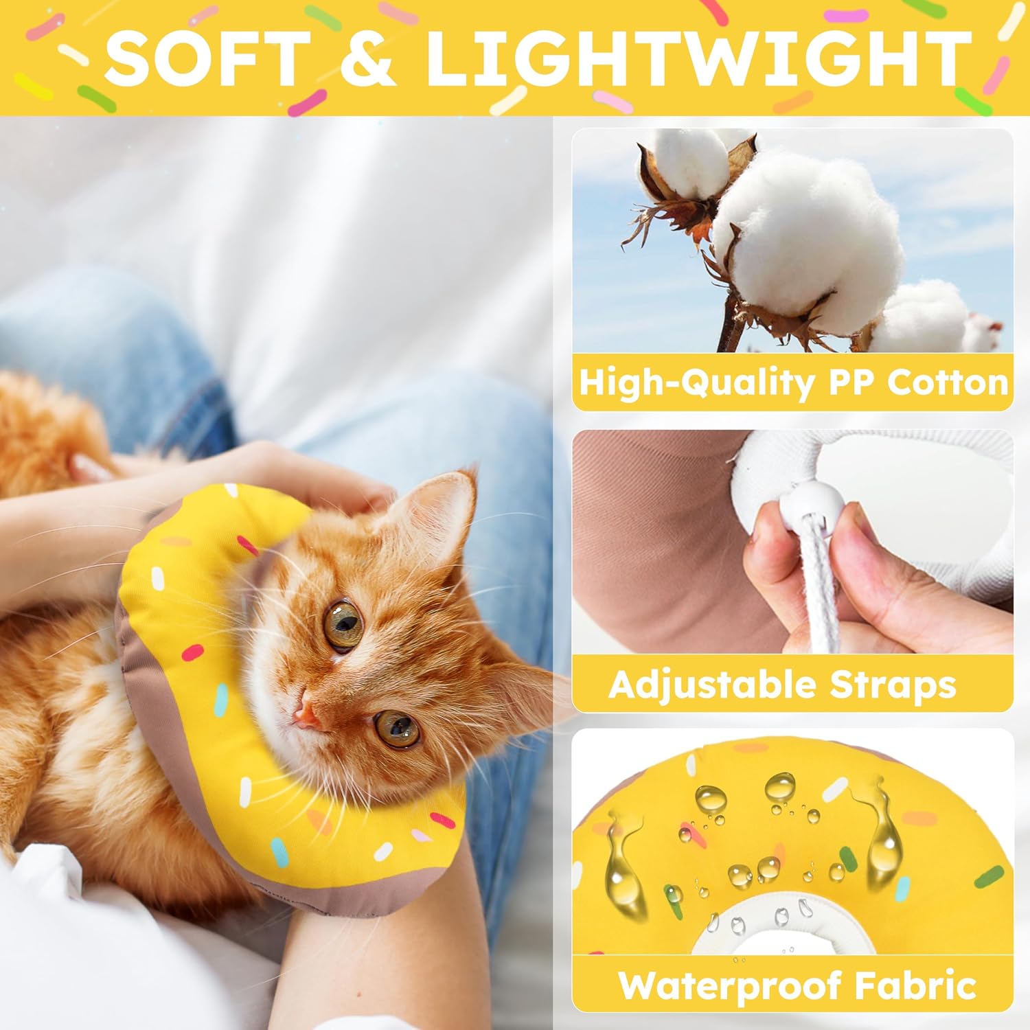 Cat Cone Collar Soft, Waterproof Cat Recovery Collars Spay Cones to Stop Licking Cute Donut E Collar After Surgery Anti-Lick Wound Healing Safety Elizabethan Collar for Kittens (Donut Yellow, Large) image 3