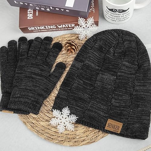 Miniatura 6 de Winter Beanie Hat and Touchscreen Gloves Set for Men Women Warm Slouchy Beanie Thick Knit Gloves Fleece Lined Skull Cap