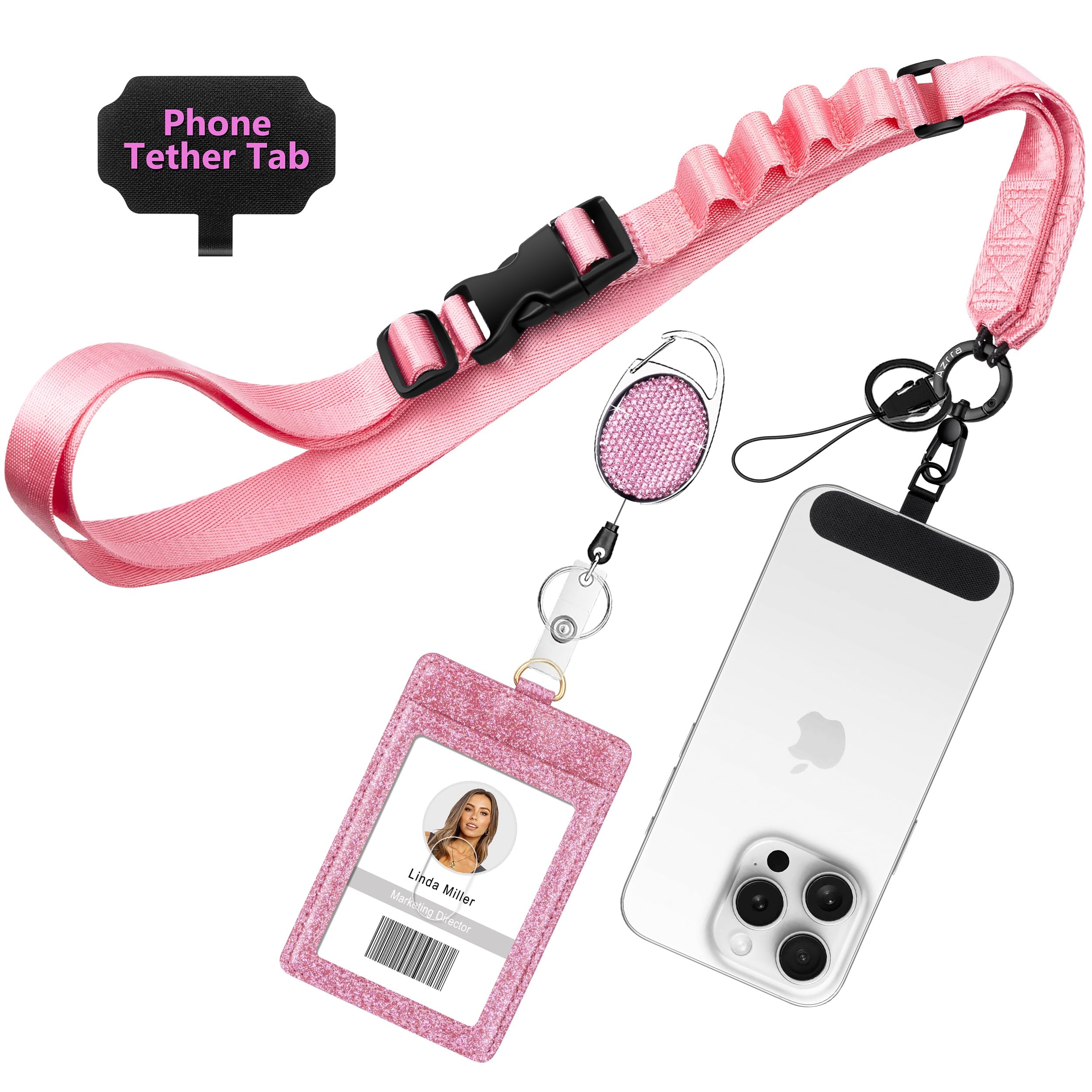 Azrra Adjustable Crossbody Cell Phone Lanyard for iPhone with Phone Tethers & Retractable ID Badge Card Holder (Pink)