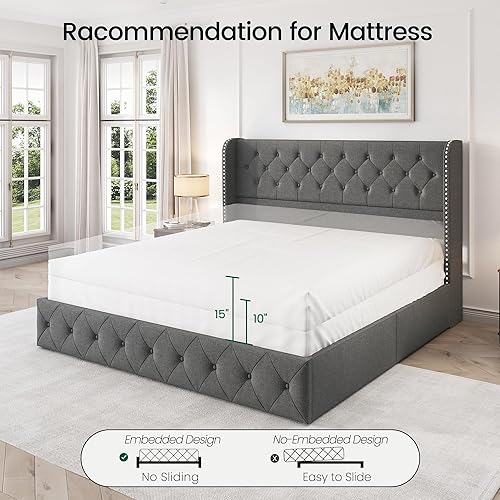 Miniatura 54 de LARMACE - Marco de cama tamaño King con 4 cajones de almacenamiento y cabecera tapizada con botones, cama de plataforma tapizada en lino con