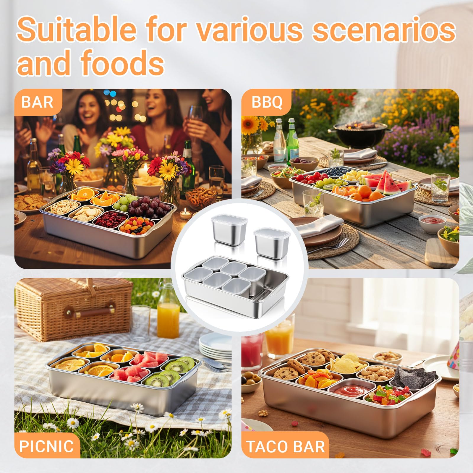 SiliFine Snackbox aus Edelstahl, 8 Fächer, geteiltes Serviertablett mit Deckel und Griff, tragbare Snackplatten, Aufbewahrungs-Organizer für Obst, Süßigkeiten, Nüsse, Gemüse, Reisen, Party, Picknick