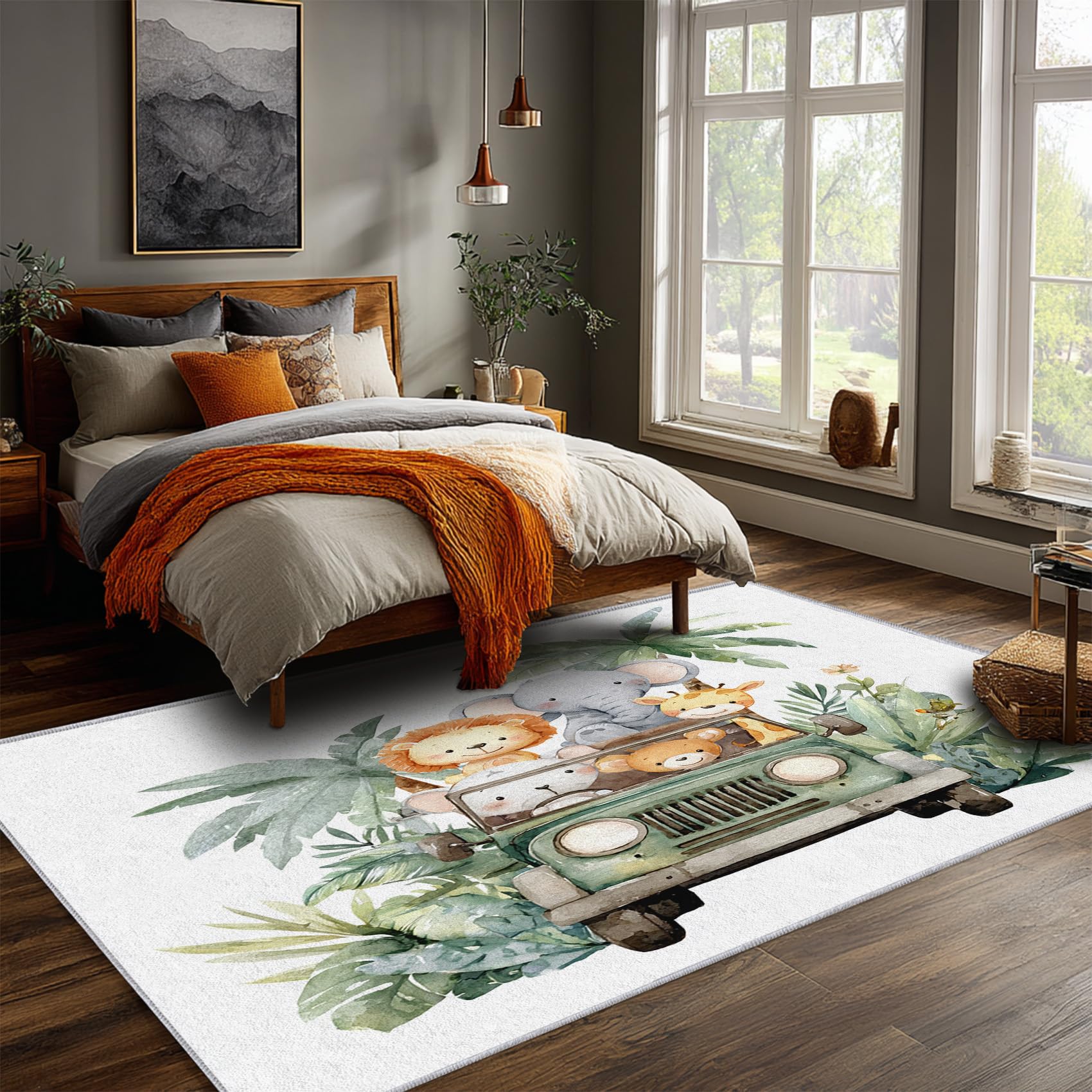 Générique Tapis Salon 120x180 cm Safari Enfant, Tapis Imprimé Animaux Jungle, pour Chambre à Coucher, Descente de Lit, Moquette Decoration Interieur, Lavable, Poil Ras, Antidérapant A(1794)