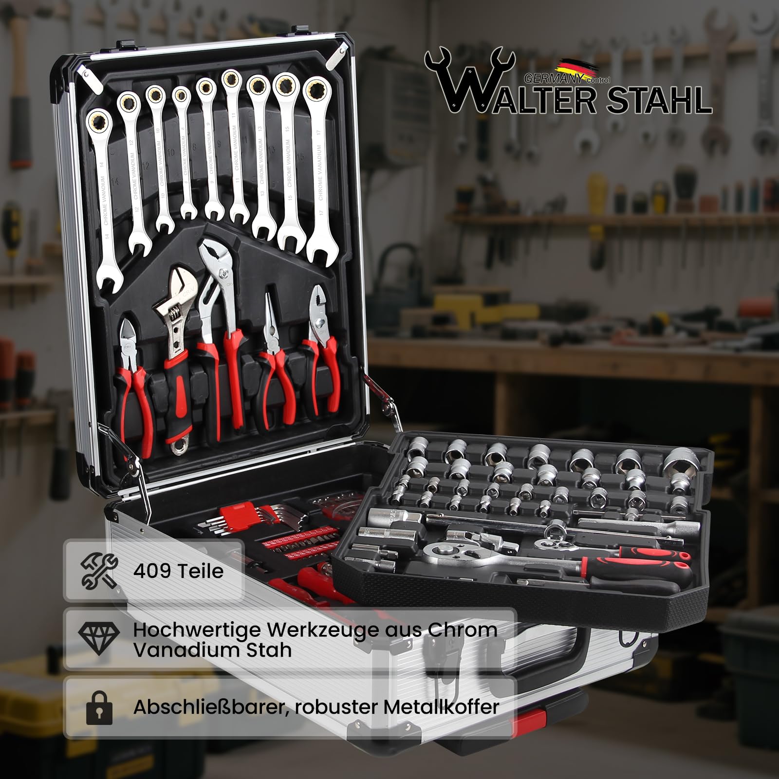 WALTER STAHL Werkzeugkoffer gefüllt 409 tlg | Werkzeugkasten | Aluminiumkoffer | Werkzeug Set | für Werkstatt und Haushalt, inkl.Schraubenschlüssel, Zangen etc