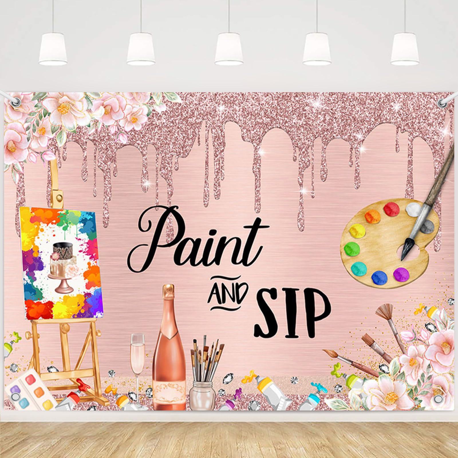 Photo 1 of MEHOFOND Paint and Sip Party Backdrop Sip and Paint Kit Birthday Photography Background for Adult's Date Night Party Supplies Paint and Sip Ideas Party Sign Photo Booth Props 8x6ft