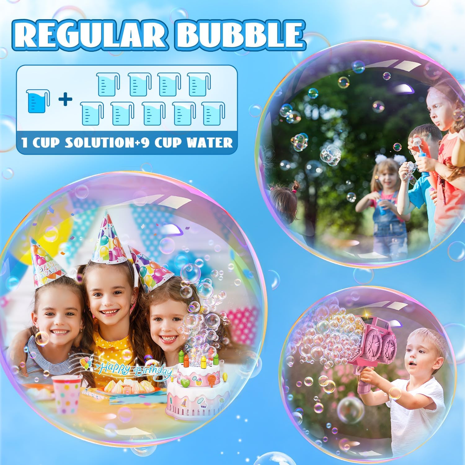 Children playing with regular bubbles created using bubble wands and bubble guns.