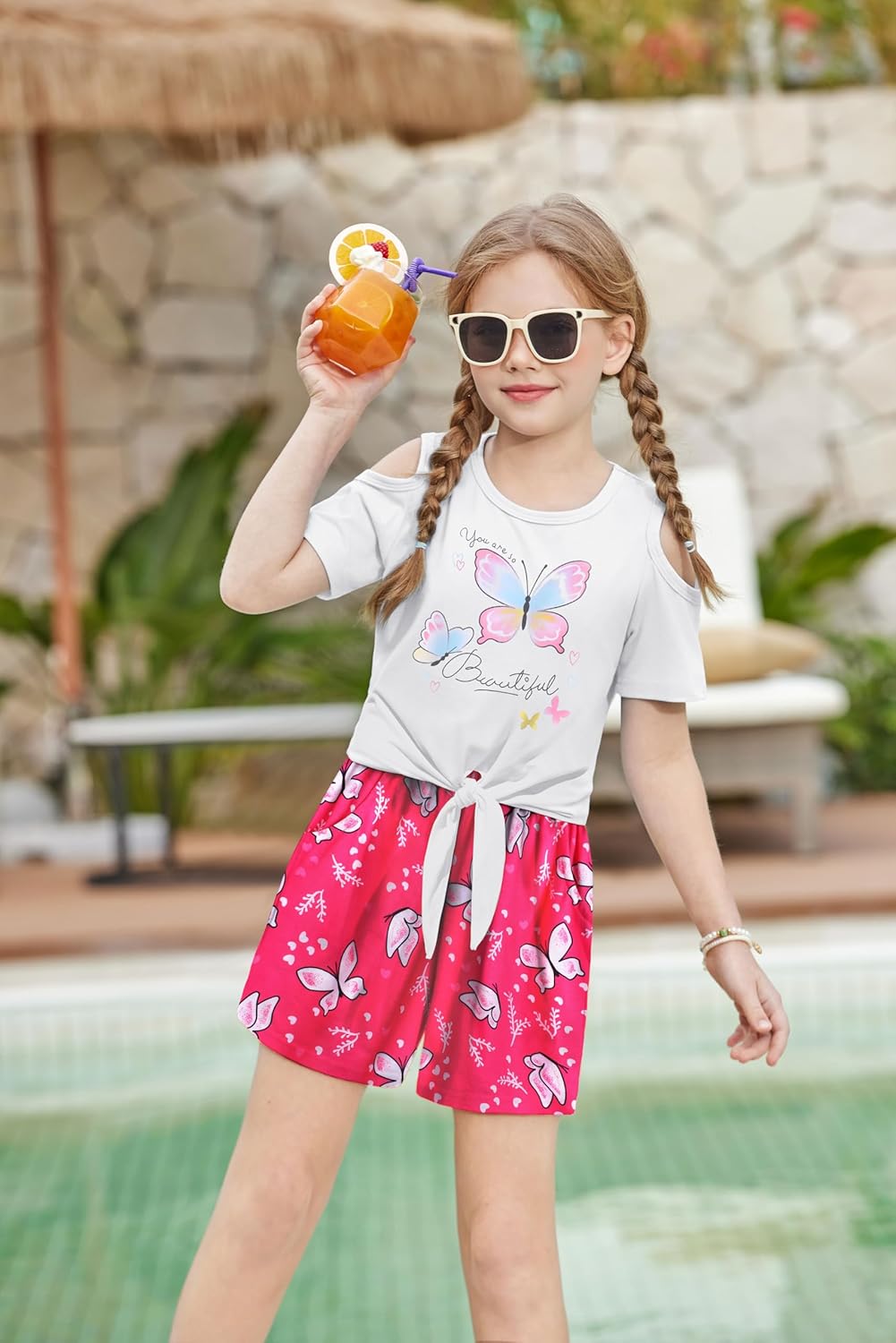 Arshiner Girls Short Sets 2 Pieces Outfits Short Sleeve Tie Knot T-Shirts and Casual Shorts With Pockets Cute Clothes Sets - Image 3