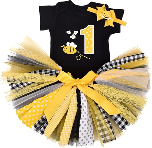 Traje de bebé para el primer cumpleaños para niñas pequeñas, mameluco de abeja + falda tutú de tul + diadema para fotos