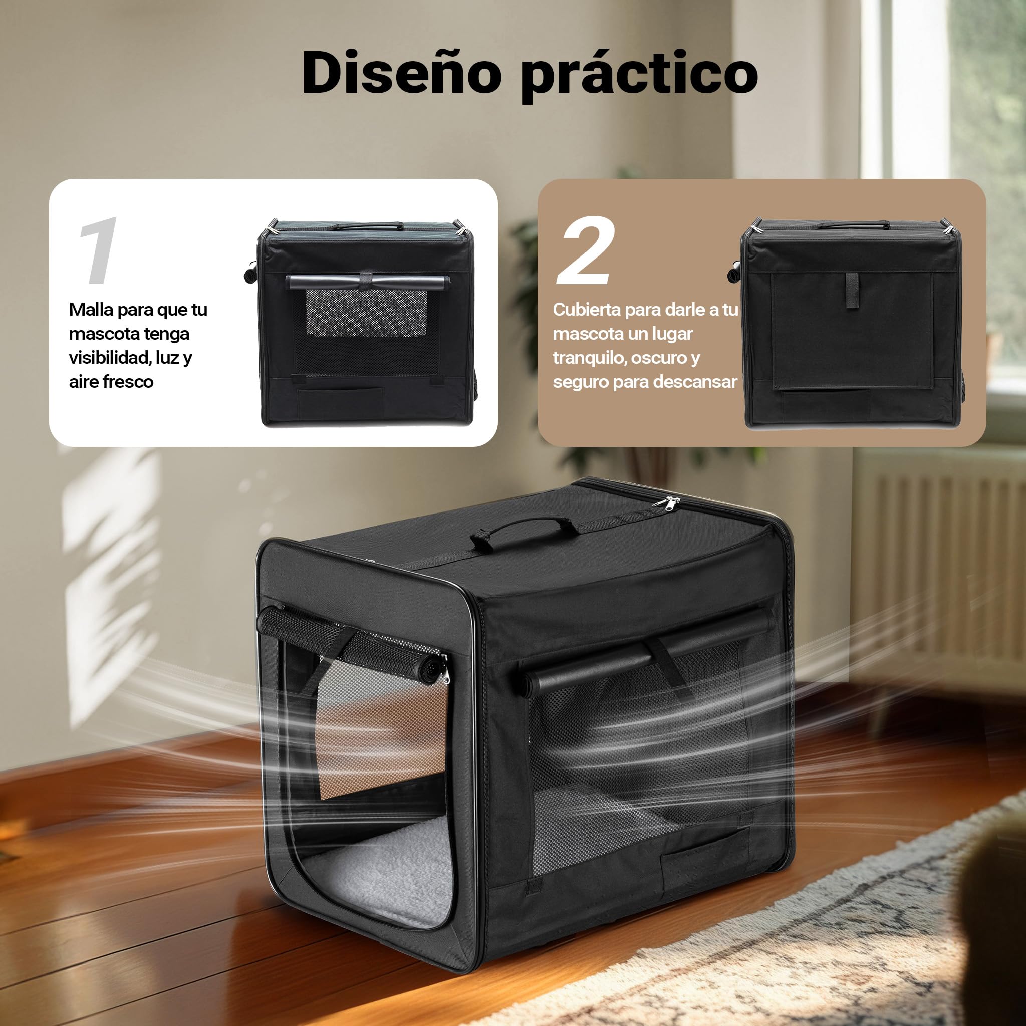 Wiltec Bolsa de Transporte Plegable Negra Mascotas Perro Gato, Talla XL (94x66x74cm), con cojín