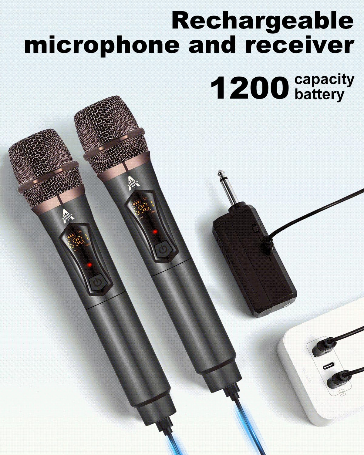 ALPOWL Microfono Inalambrico, Microfono Karaoke con Modulo de Conversión de Impulso DC - DC, para Uso de Voltaje Estable, Micrófono Dinámico con Receptor de Carga de Amplificador de Voz