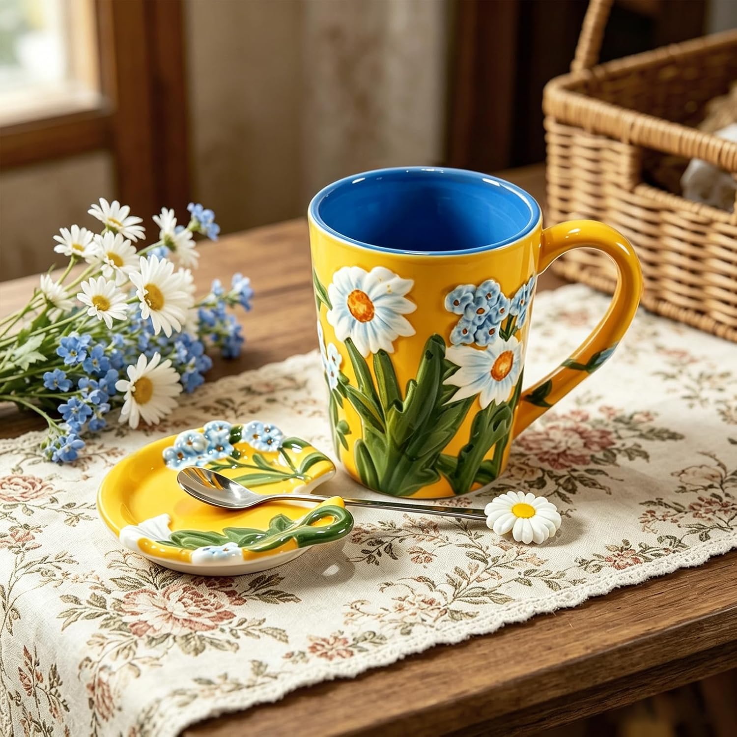 Ceramic Coffee Mug, 19 oz Large Floral Mug with Lid, Novelty Hand-Painted Mugs with Handle & Spoon, Dishwasher & Microwave Safe Cups for Coffee, Tea, Cocoa, Birthday Housewarming Wedding Gift - Yellow