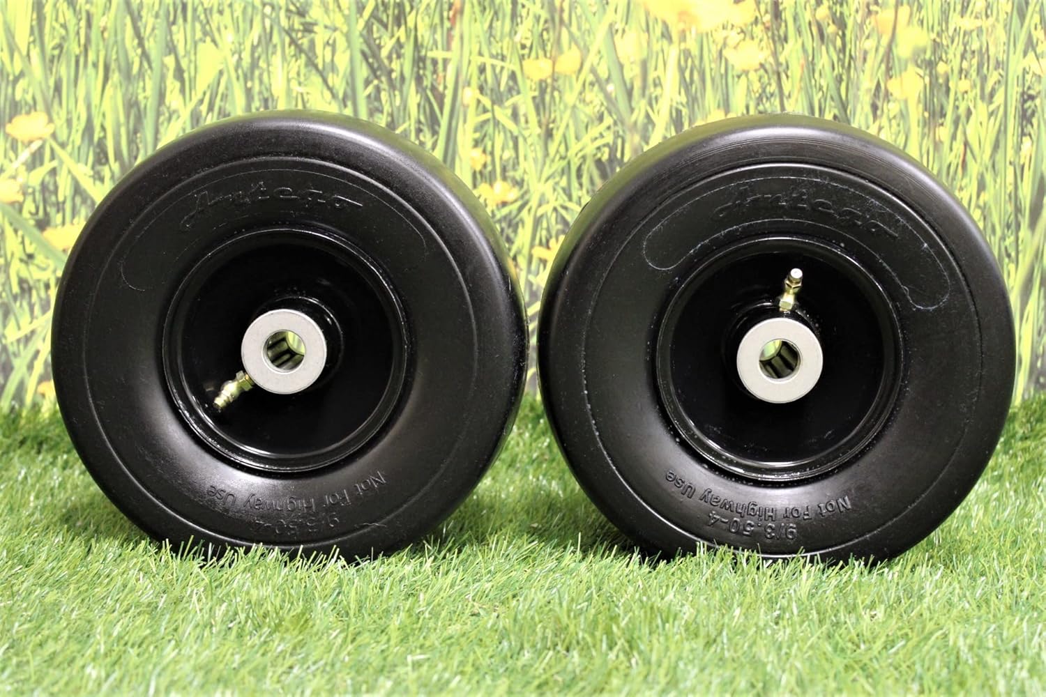 (Set of 2) 9x3.50-4 Flat Free Tire Assemblies Fits GRAVELY 45205, 3.25" Hub, 3/4" Caged Roller Bearings - Image 4