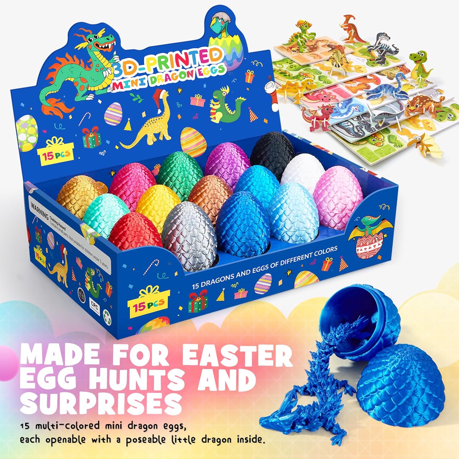 15PCS 3D Printed Dragon Egg,3D Dragon Eggs Set with Display Stand,Mini Dragons Eggs Set Fidget Toy,Easter Egg Stuffers,DIY Craft Kit,Dino Eggs for 5-7 4-6 8-12 Year Old Boys Girls