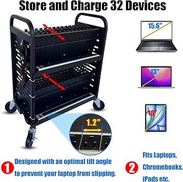 32-Device Open Laptop & Tablet Charging Cart for Classroom, Chromebook Charging Station, Mobile School Storage Cart with Cable Management & Surge Protection
