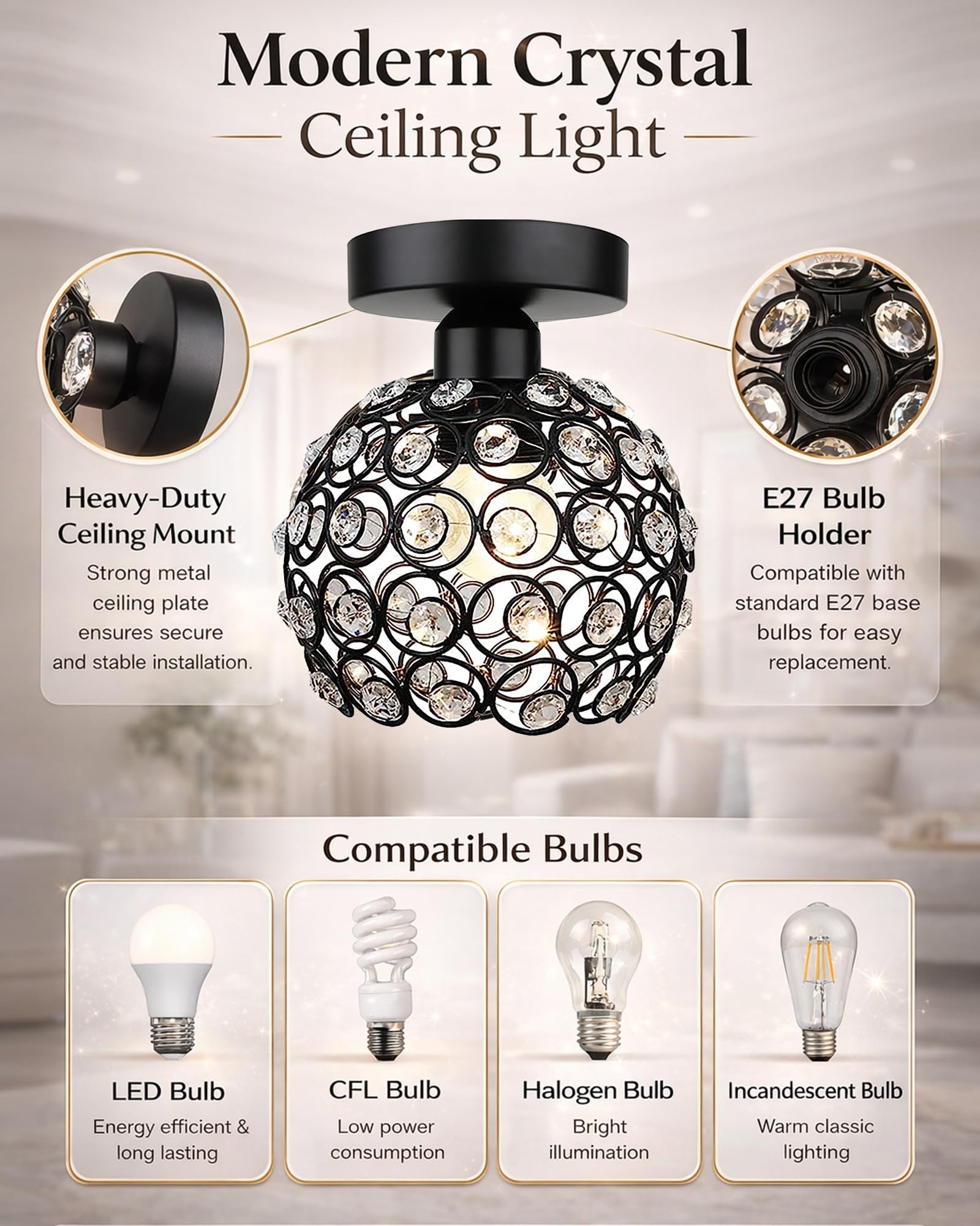 Crystal Flush Mount Ceiling Light - Elegant Home Decor -6
