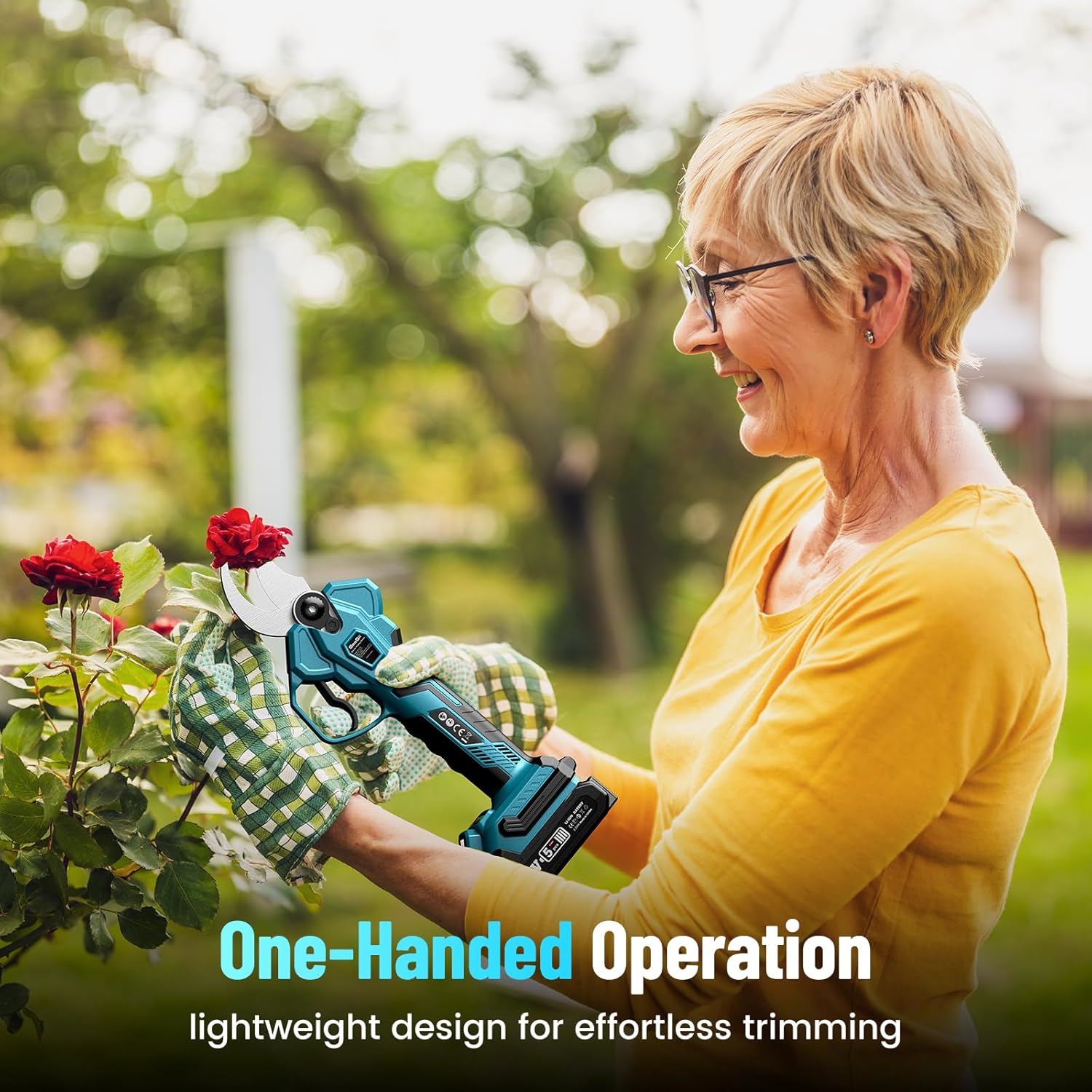A person using the SeeSii electric pruning shears with one hand to prune a rose bush, demonstrating effortless trimming.