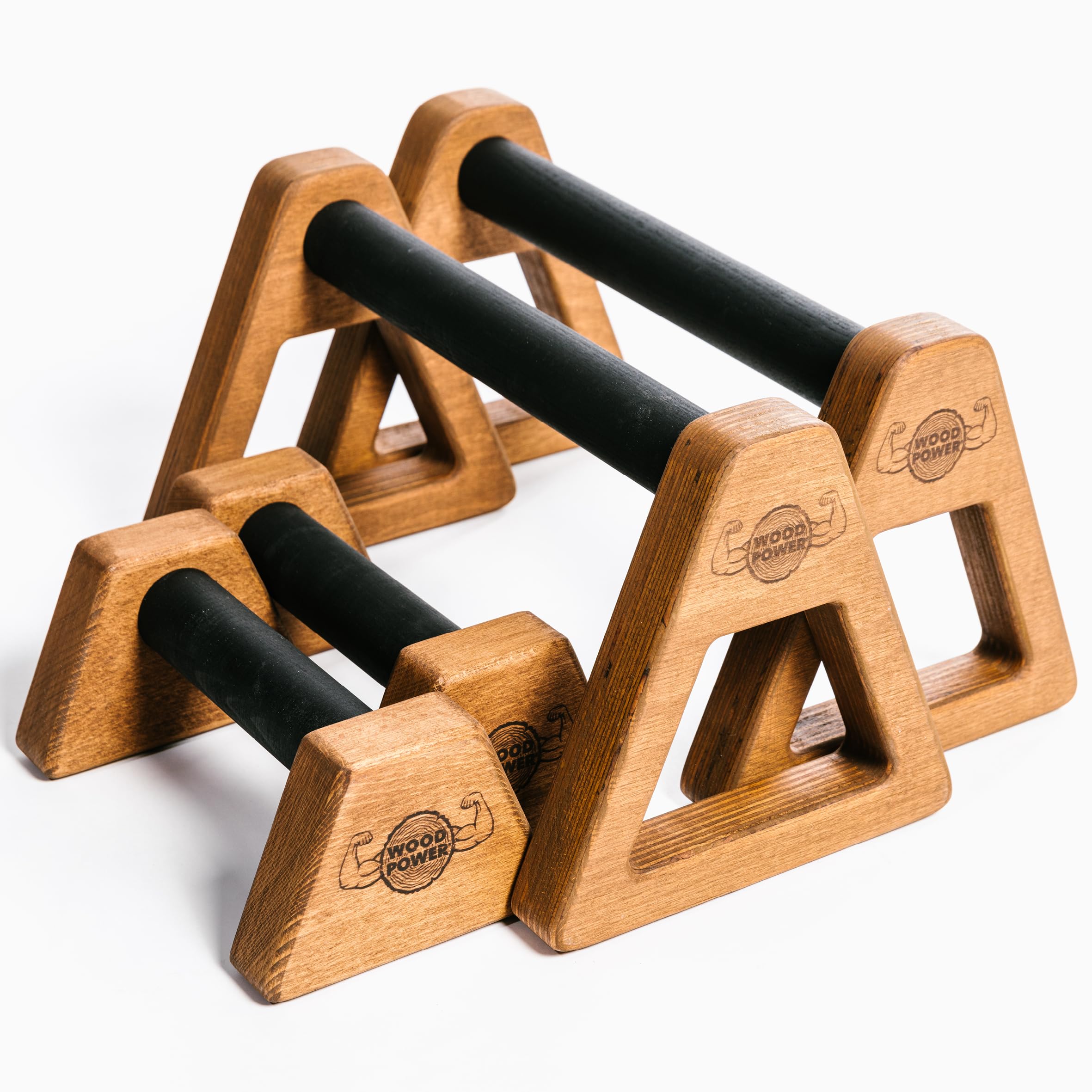 WOODPOWER® PowerBars drewniane paralety do pompek, drewniane uchwyty, podpórki pod rękę, do jogi i kalisteniki, antypoślizgowe, do użytku wewnątrz i na zewnątrz, chronią stawy, zestaw (XS + XL)