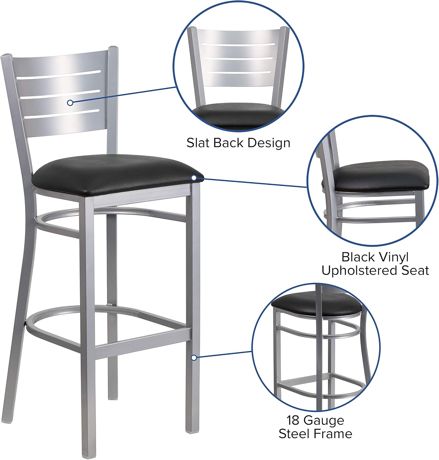 EMMA + OLIVER Silver Slat Back Metal Barstool, Black Vinyl Seat