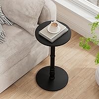 Vista 9 de Mesa auxiliar redonda, pilar de madera maciza con parte superior y base de madera, pequeña mesa de acento para bebidas para sala de estar, Negro