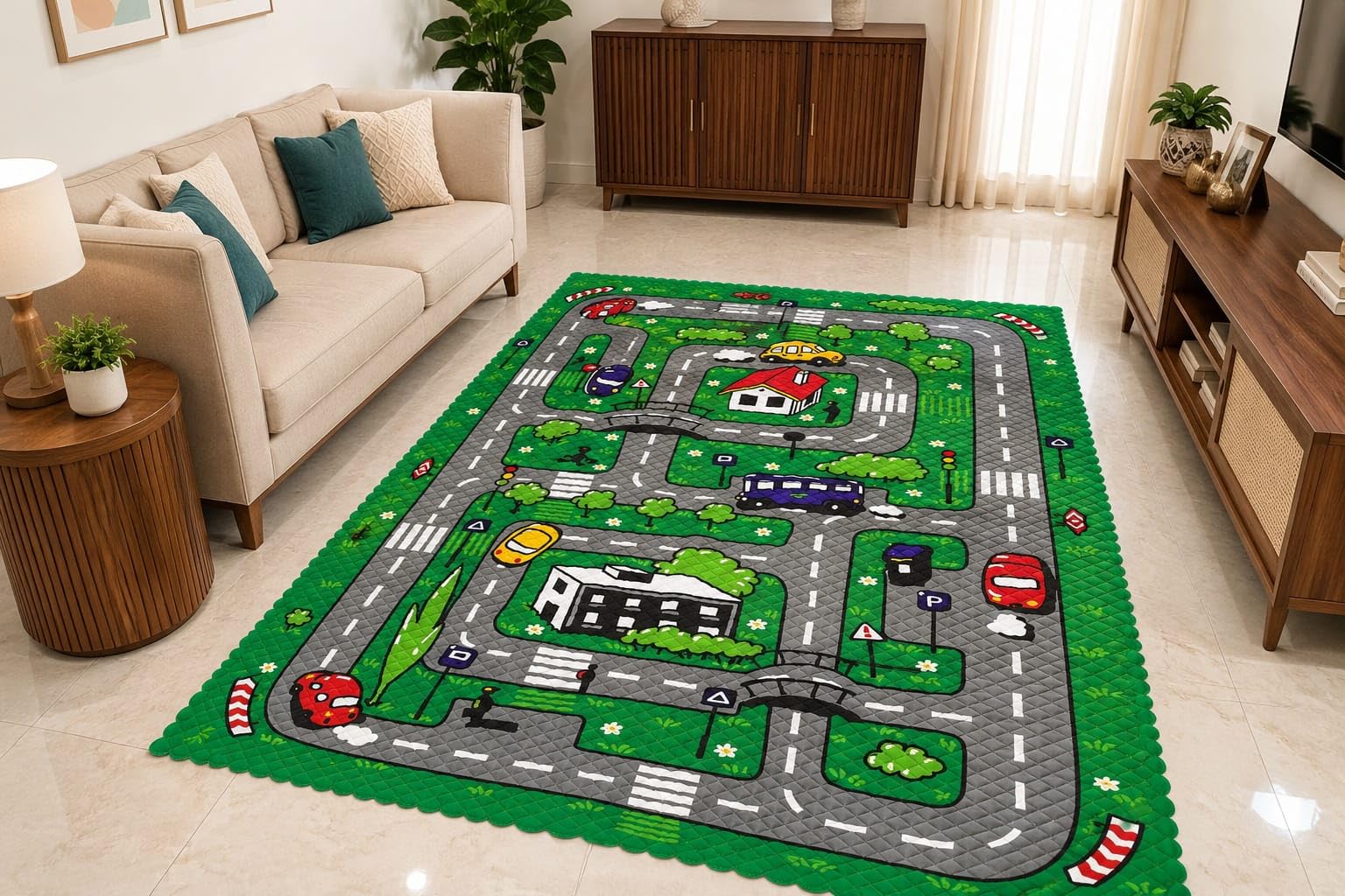 Soft Foam Play Mat for Babies & Kids with 2 Pull Back Metal Cars & 1 Metal Airplane, Extra Large Foldable Crawling Mat for Indoor Play, Learning & Activity Time (Multi Color, City Track) | Soft Foam Play Mat for Baby Crawling, Learning & Indoor Play Activities"-image-23