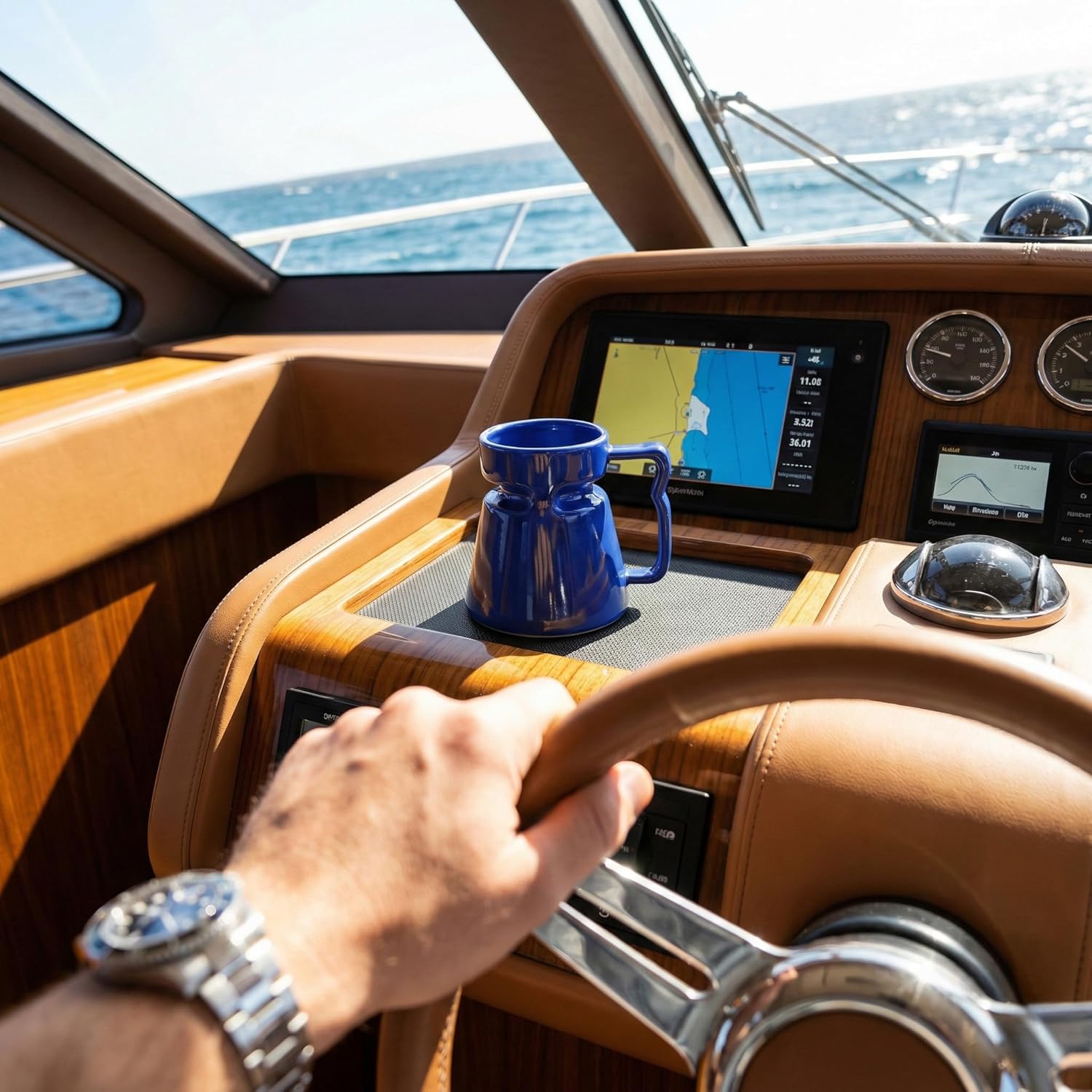 Wide Bottom Handmade Coffee Mug, Tip-Proof Ceramic Mug with Weighted Non-Slip Base, Stable Desk & Travel Mug for Office, RV & Boat, Retro Sci-Fi Design, Unique Appreciation Gift