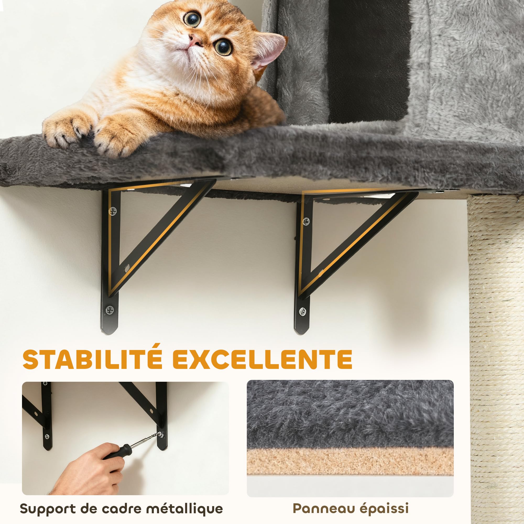 PawHut Scaffali a muro per gatti, 5 pezzi, set di mobili, albero a muro per gatti, con 2 nicchie, amaca, piattaforme, tiragraffi in sisal per gattini da interno fino a 5 kg, grigio