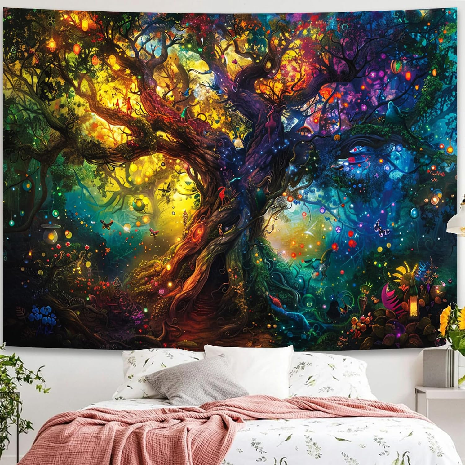 Simpkeely Blacklight Tree of Life Tapestry, Fantasy Forest Fairy Tapestry Nature UV Reactive Colorful Tree Magical Elves Wall Hanging Tapestries for Bedroom - 44" x 59"