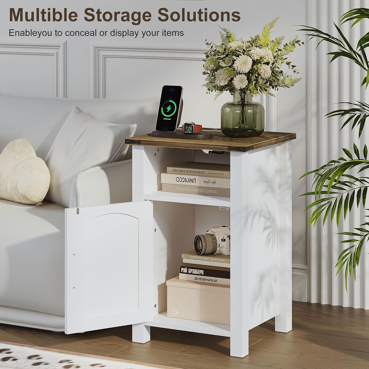 Farmhouse Nightstand with Charging Station, Set of 2 End Table with USB/Type-C Ports and Power Outlets, Rustic Bedside Table with Large Storage and Open Shelf, Modern Side Table for Bedroom, White