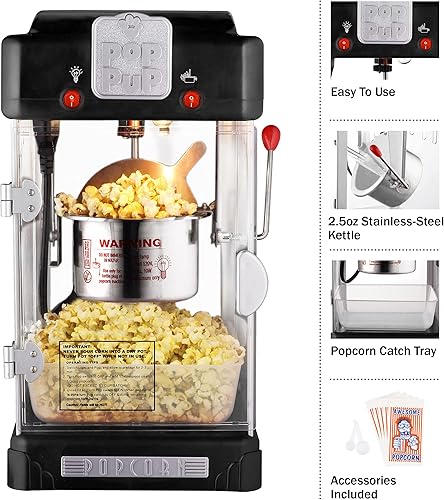 Miniatura 3 de Great Northern Popcorn - Máquina de palomitas de maíz Pop Pup, 2.5 onzas con hervidor de acero inoxidable, bandeja para servir, luz de calentamiento