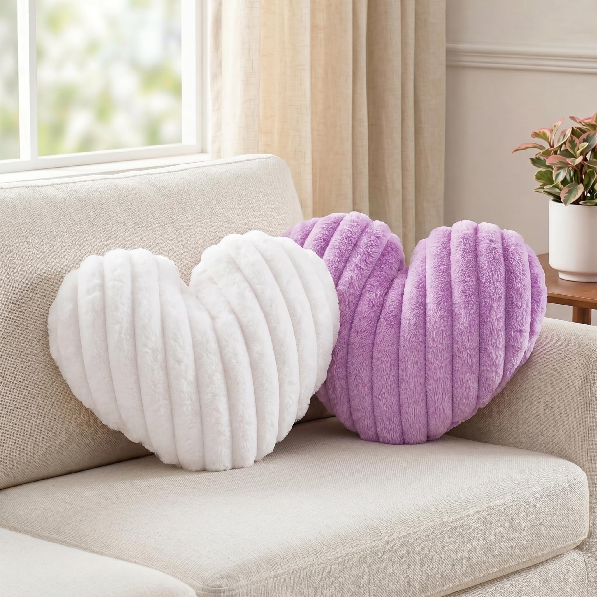 2 Pack Heart Pillow White Purple Cushions Soft Decorative Throw Pillows