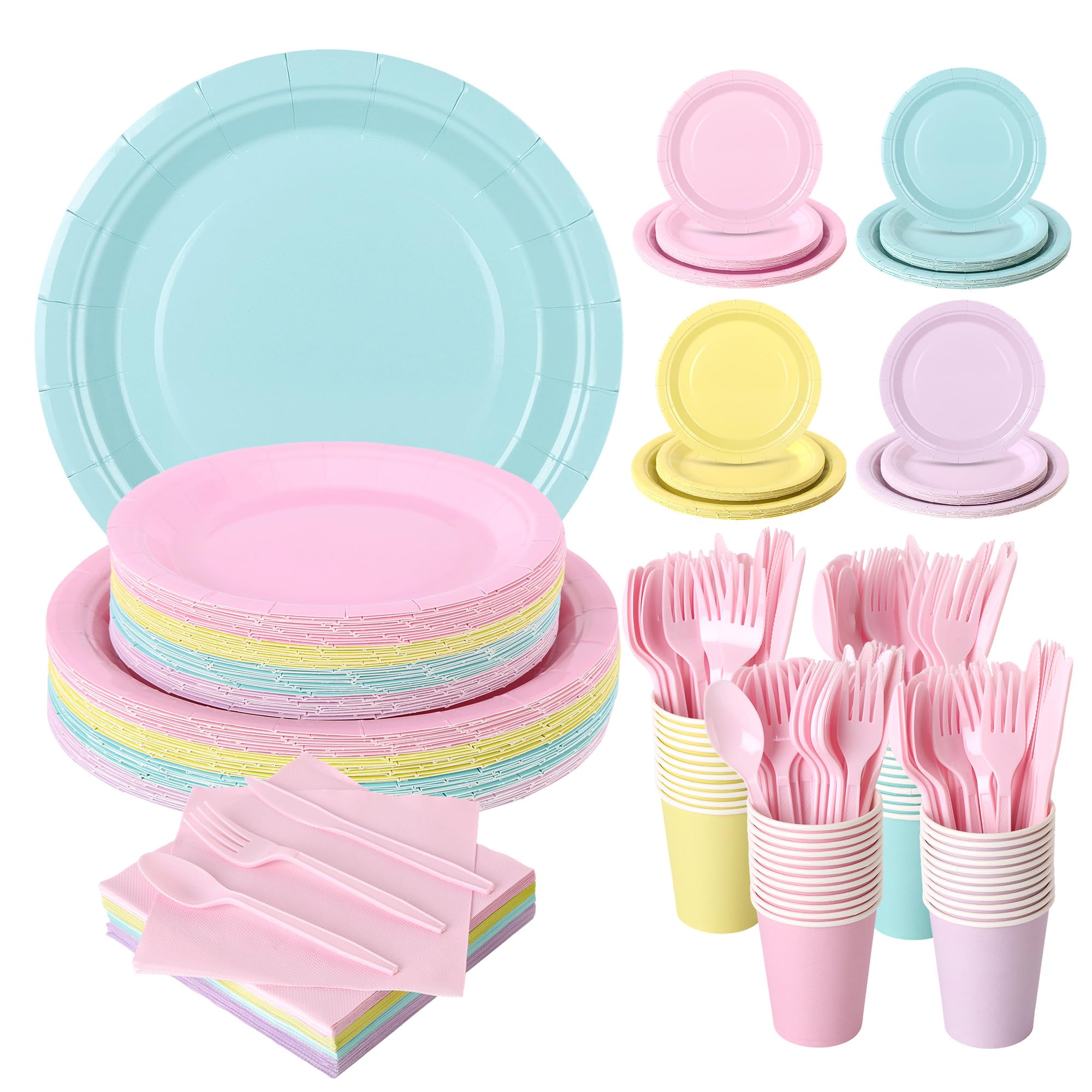 350 Pcs Pastel Disposable Plates and Napkins Tableware Set for 50 Guests