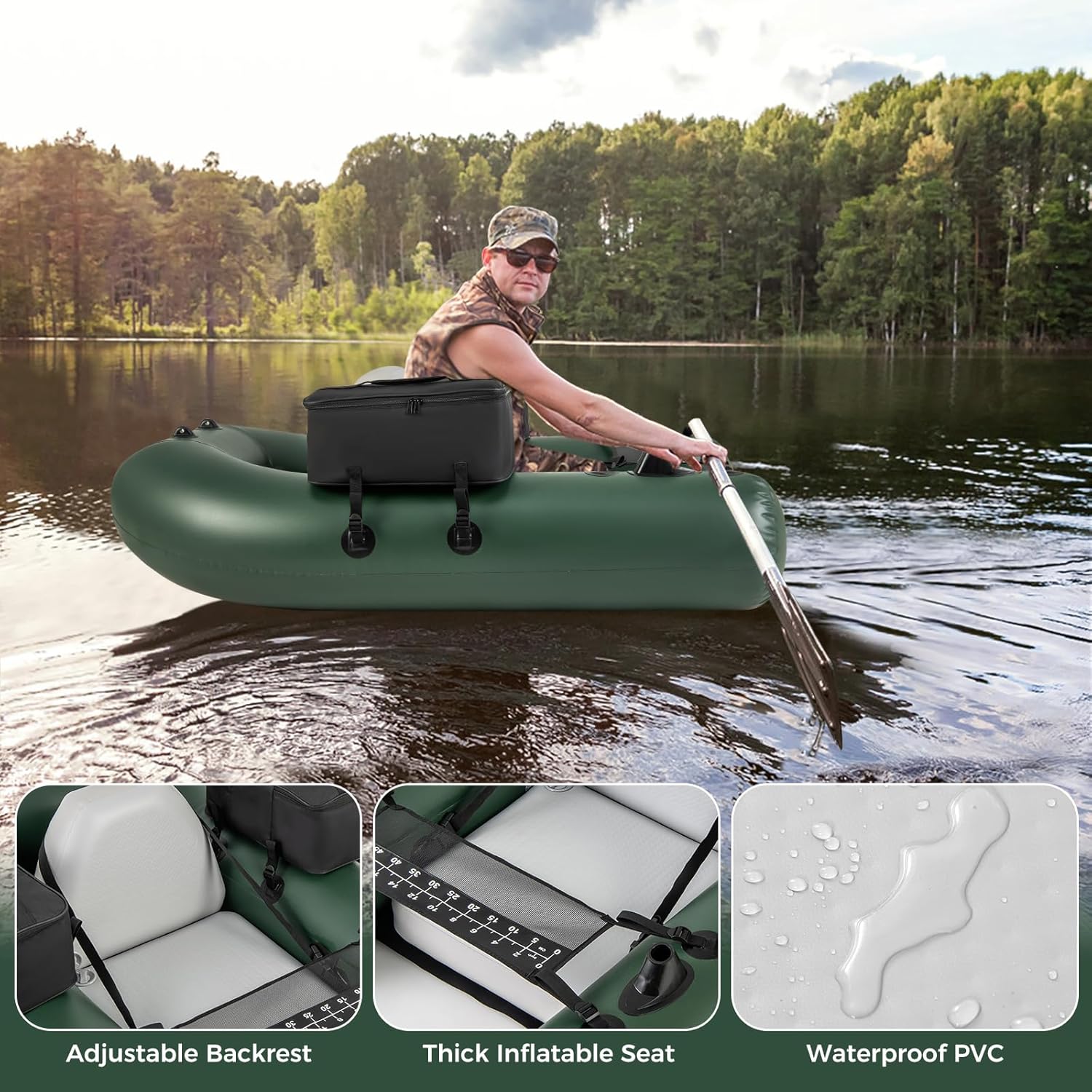 Goplus Inflatable Float Tube, Fishing Belly Boat with Fish Ruler, 2 Detachable Storage Bags, Pump, Carry Bag, PVC Fish Boat w/Reinforced Drop Stitch Core for Rivers Lakes Angling, 352LBS Load Capacity