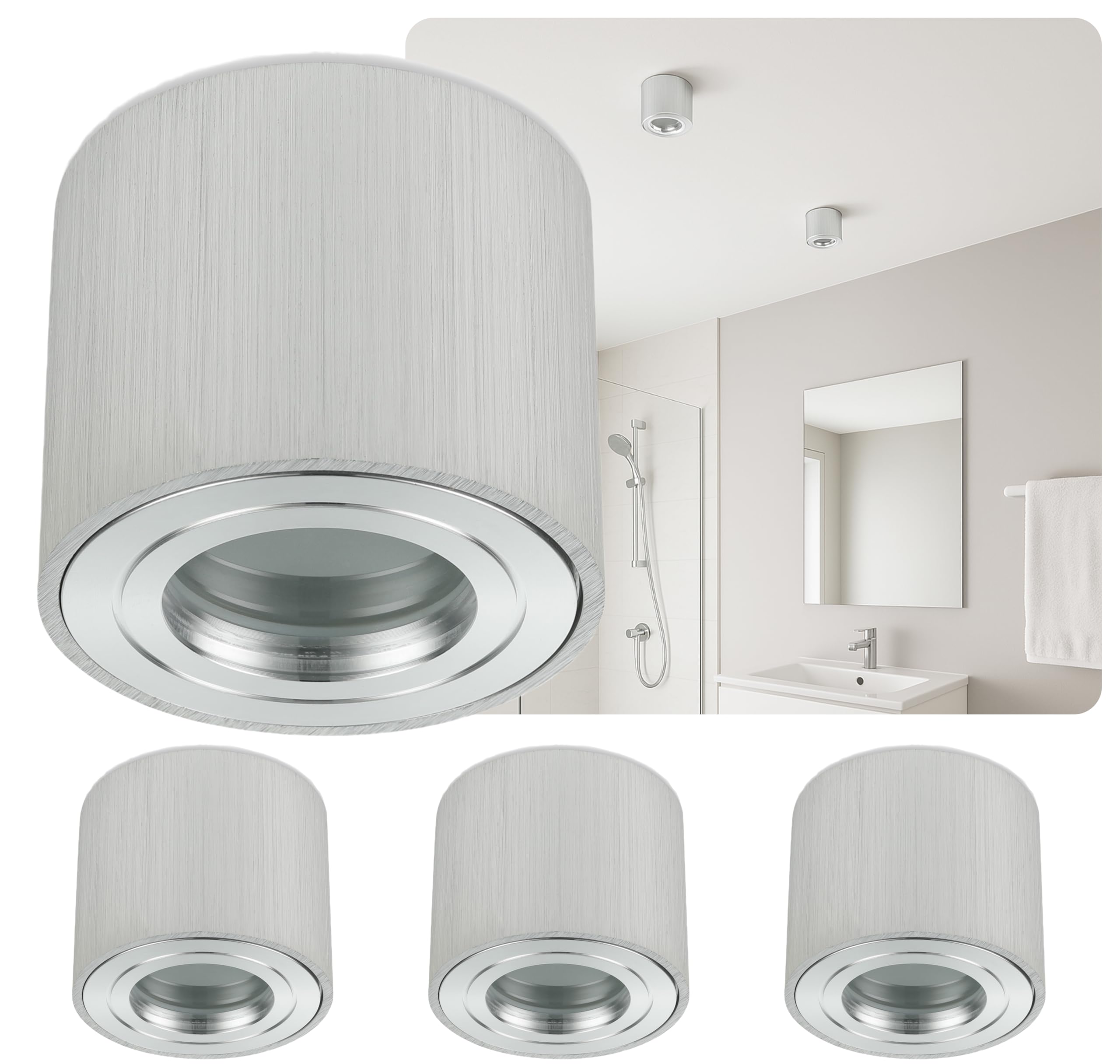 Sweet Led - Aufbauspots IP44 Bad flach, Alu-gebürstet Deckenspots Ø80mm 65mm, Deckenstrahler silber-Farben Badezimmer Küche, 230V Aufbaustrahler passend LED-Modul, rund 4er Set, ohne Leuchtmittel