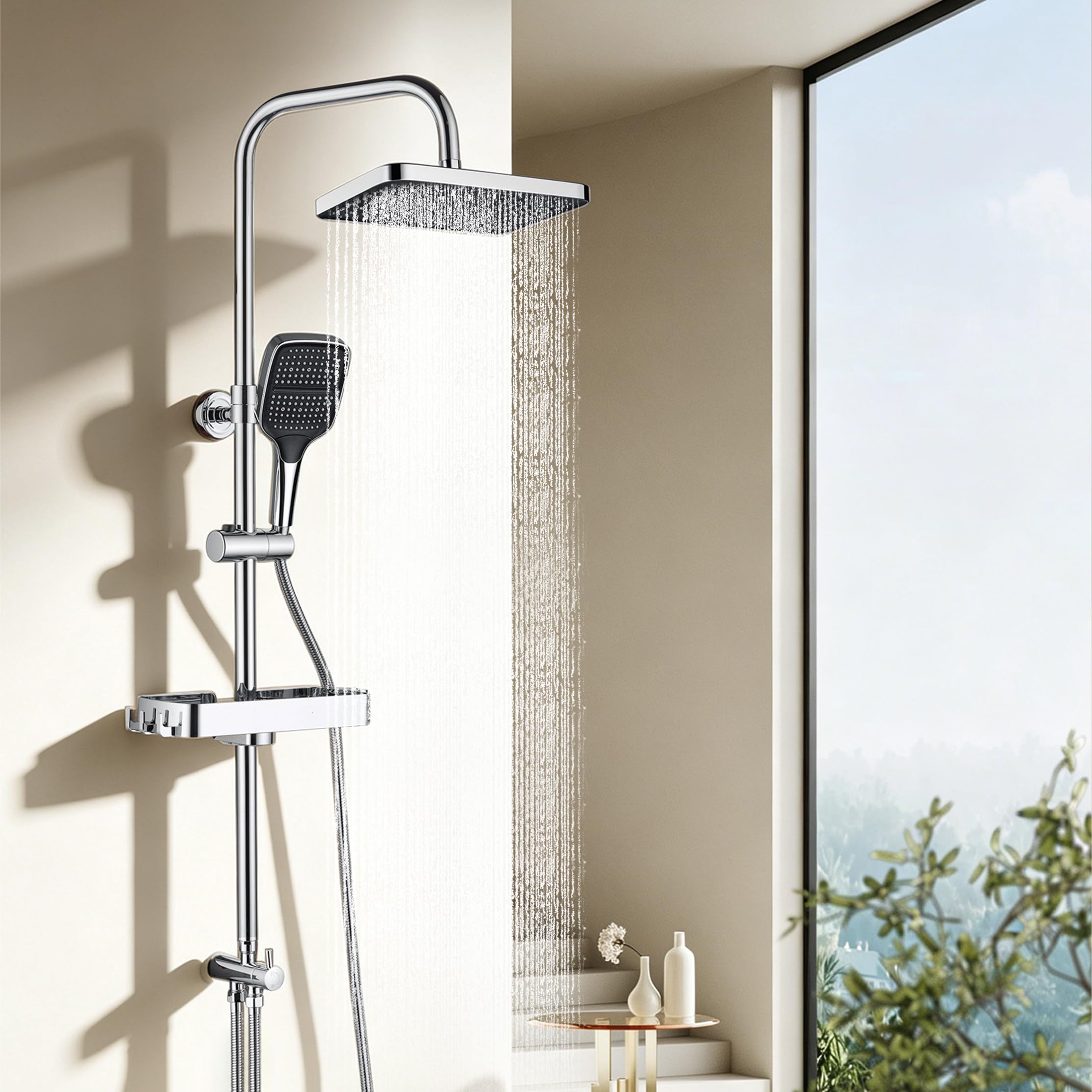 RONVIE 13" Rainfall Shower Set with Adjustable Riser Rail Kit and Shelf