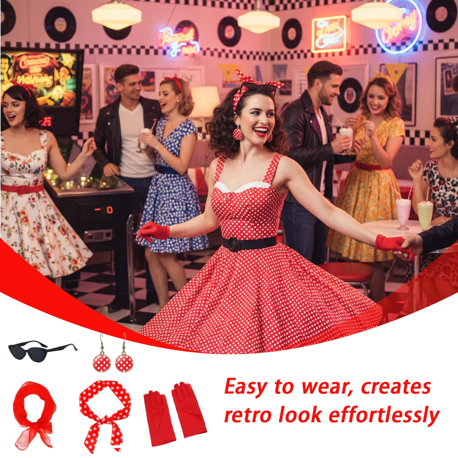 Set Accessori Anni '50 Donna Vintage – Fascia, Sciarpa, Occhiali, Orecchini e Guanti per Costume Carnevale Halloween