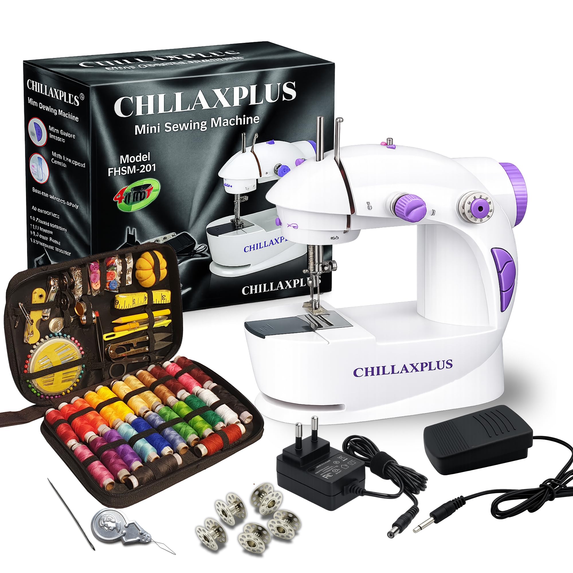 - CHILLAXPLUS Mini Sewing Machine - Stitching Machine for Home Tailoring with 24 Threads Sewing Kit & Foot Pedal - Portable Silai Machine, White