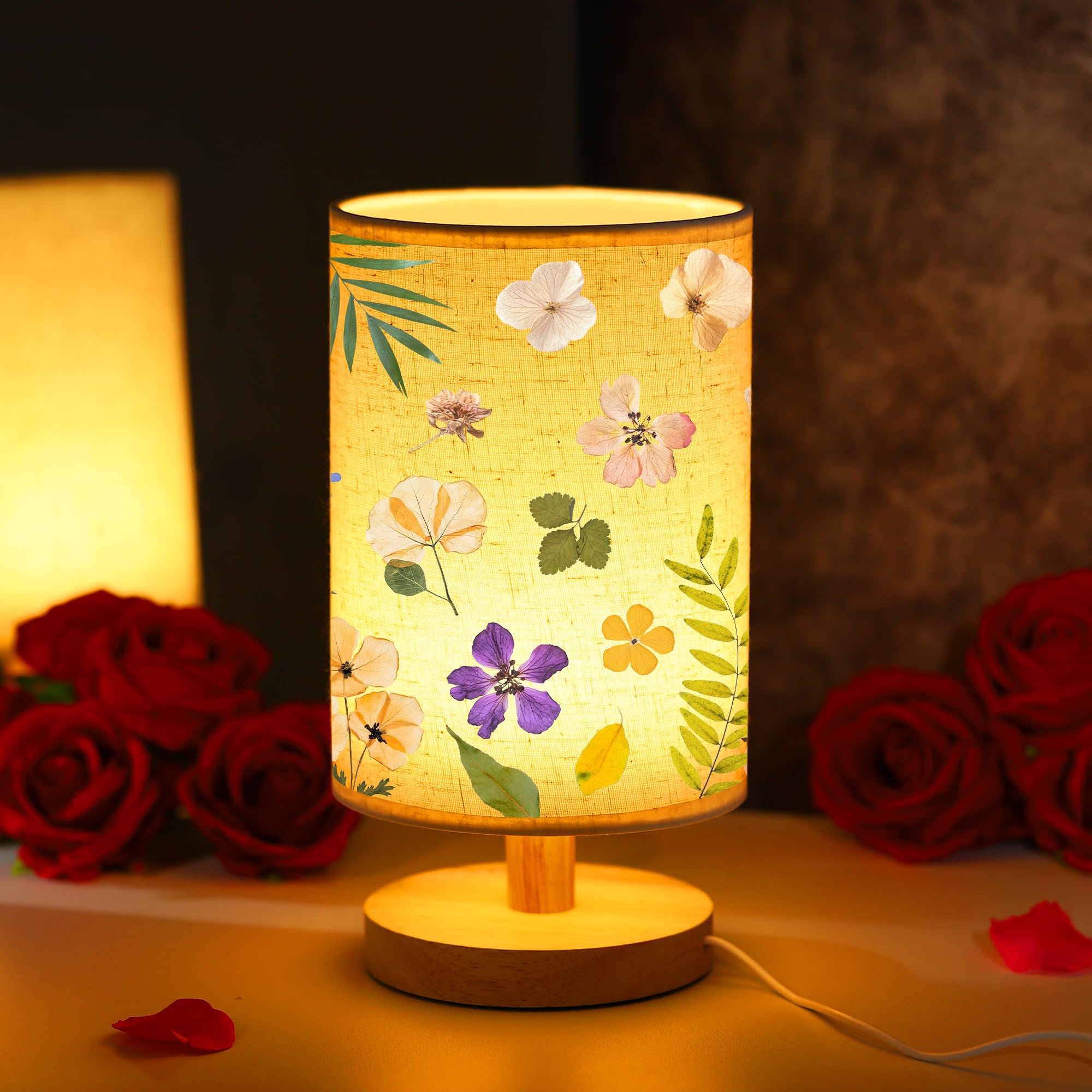 TURMTF Flower Table Lamp - USB Powered Wood Base Night Light, Boho Home Decor for Bedroom/Living Room, Gift for Women on Birthday/Christmas, Linen Shade (Flower)